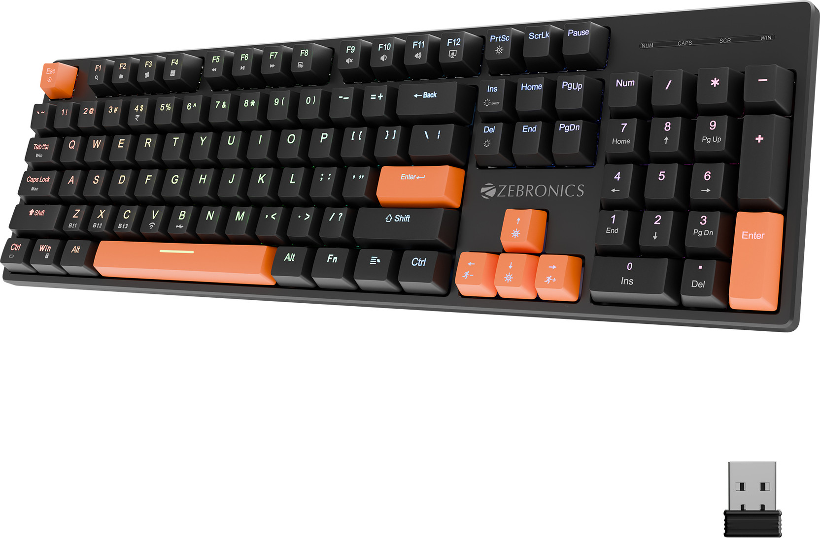 ZEBRONICS ZEB-MWK2 (Black) Bluetooth, Wireless, Wired USB Standard Gaming Keyboard Compatible with Desktop, Laptop, Tablet, Mac Tri-Mode, Rechargeable, N-Key Rollover, Linear Red Switches, 1000Hz Poll
