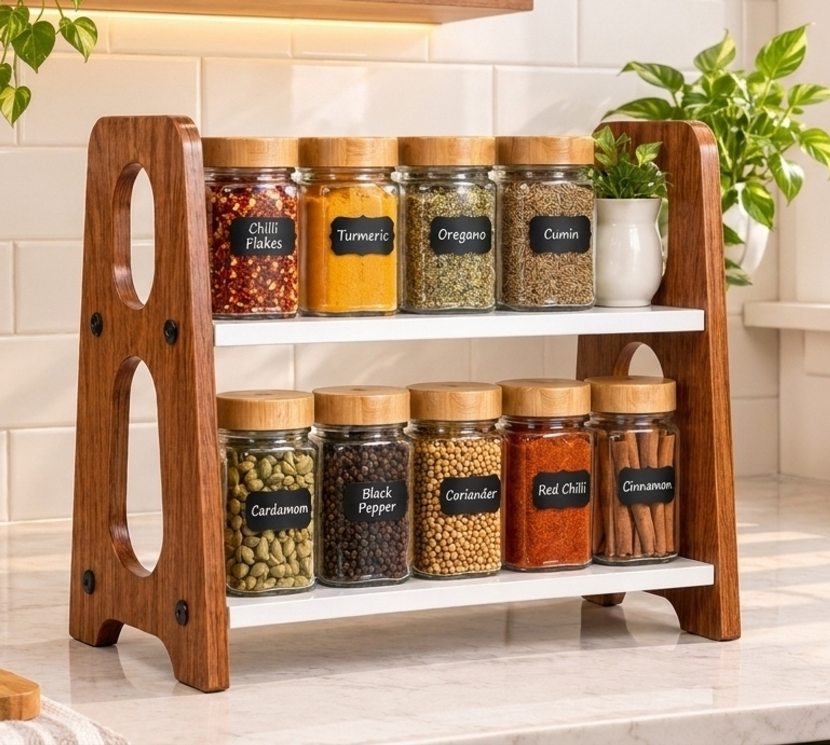 Shavej Containers Kitchen Rack Wood Spice Rack Organizer – 2 Tier Kitchen Storage Stand with 10 Jars | Sheesham Wood