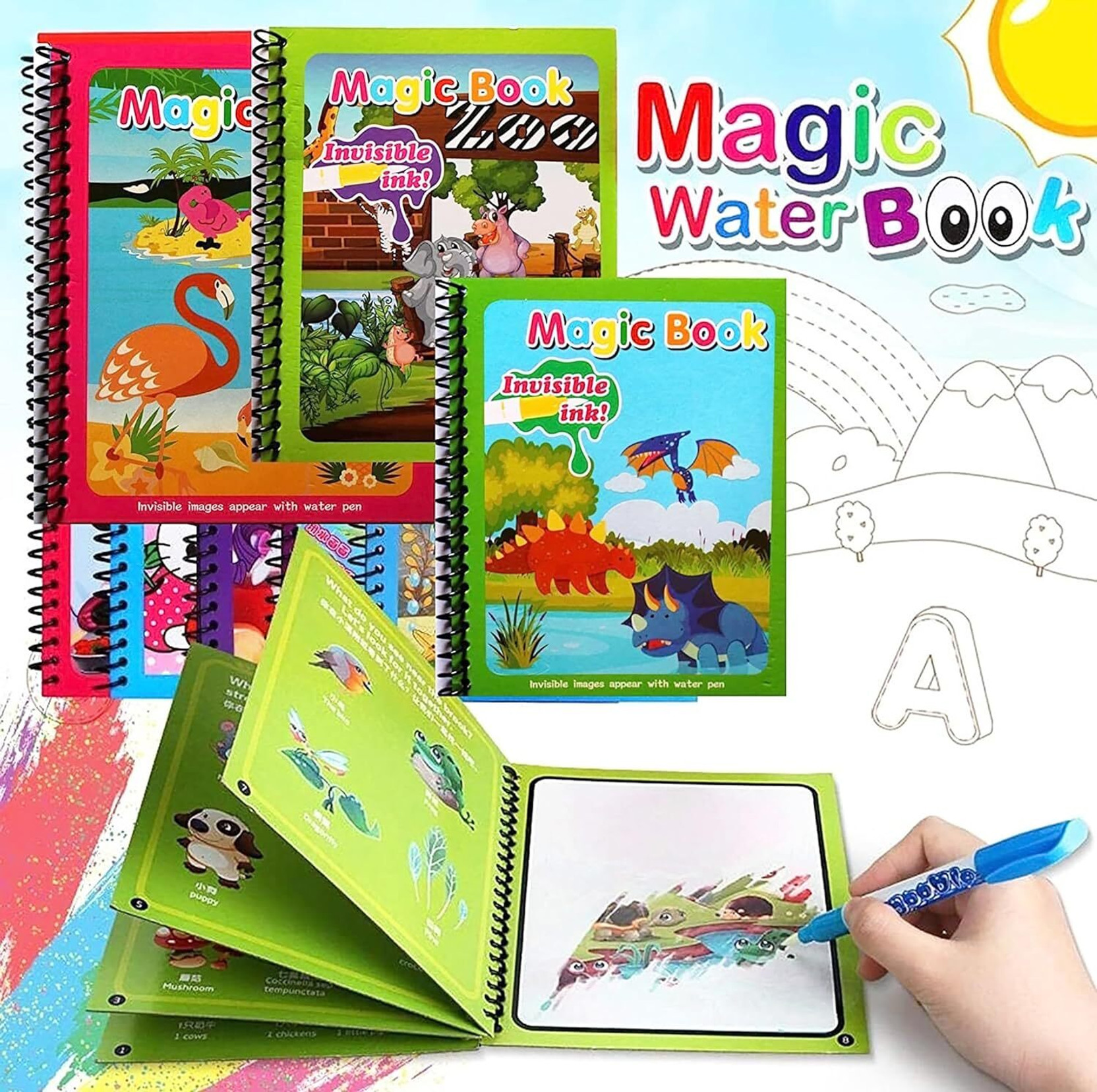 Kidzfun Water Magic Book for Kids, 4 Different Theme Magic Books,Reusable Magic Book