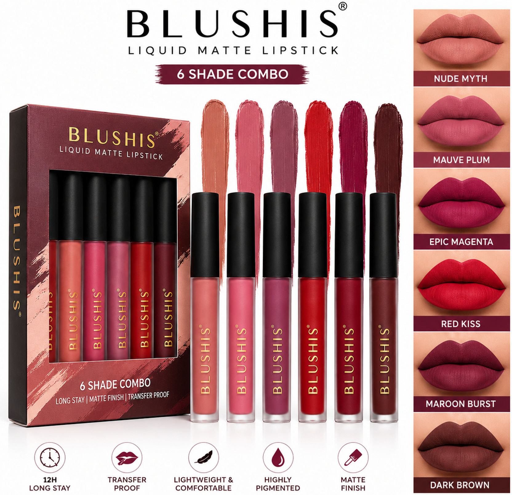 BLUSHIS Liquid Matte Lipstick Combo Pack of 6 | Waterproof, Transfer Proof, Long Lasting