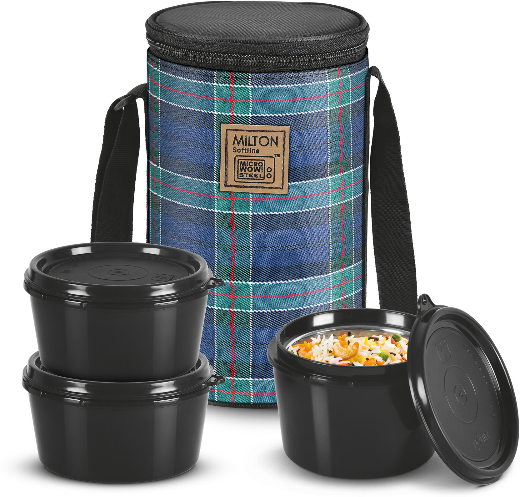 MILTON Lofty Lunch Box with Insulated Fabric Bag, 3 Microwave Safe Inner Steel Containers with Leak Proof, BPA Free Lids (1 x 320 ml, 2 x 450 ml Each), Perfect Office Tiffin, Black