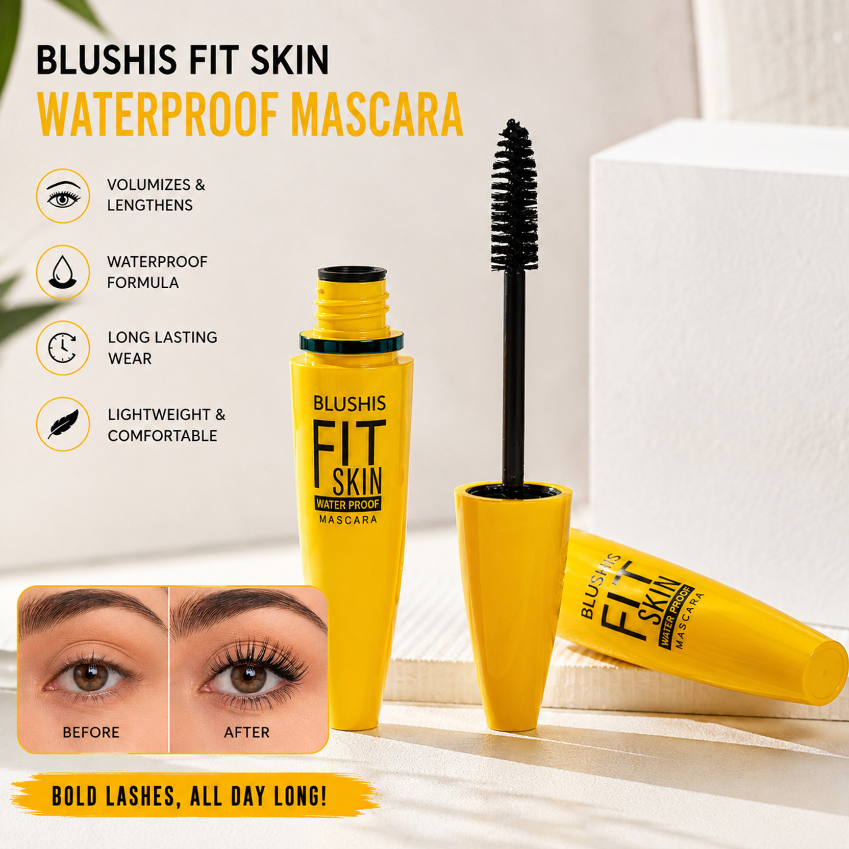 BLUSHIS Waterproof Mascara | Volumizing & Lengthening | Smudge Resistant Black Mascara 6 ml