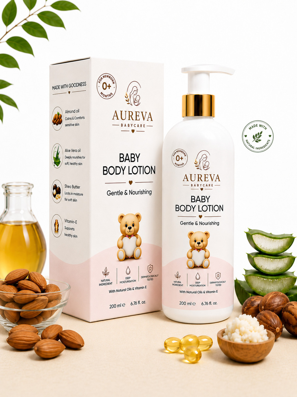 Aureva BabyCare Natural Baby Body Lotion with Aloe Vera, Shea Butter & Almond Oil - Paraben Free