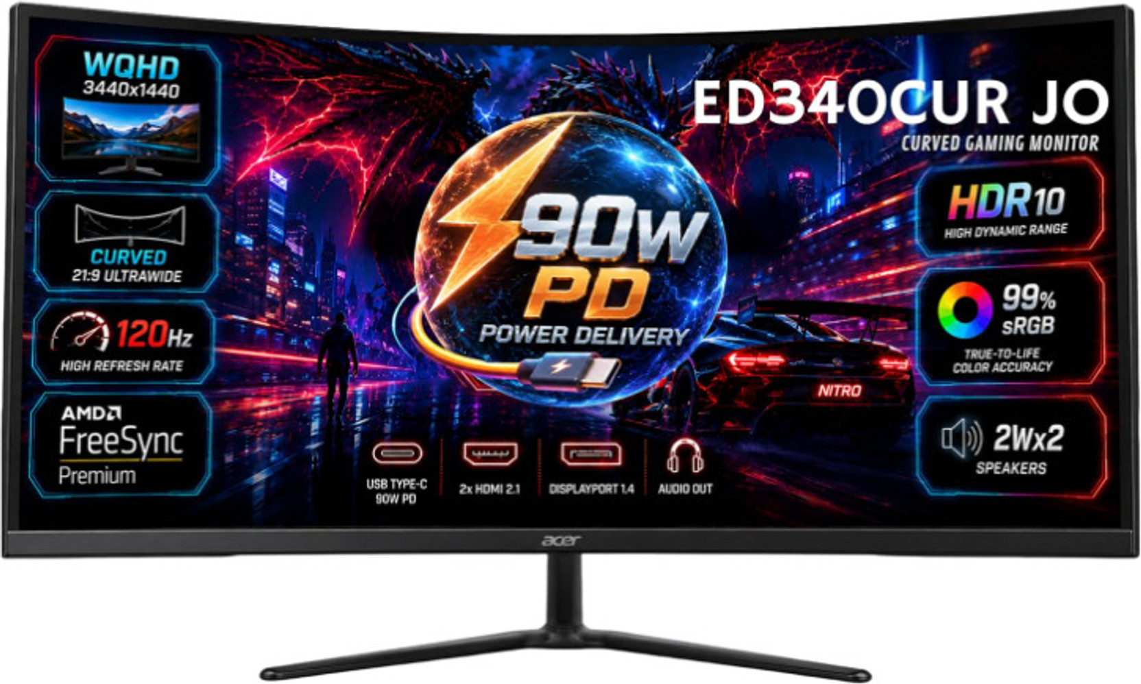 Acer Acer Nitro 86.36 cm (34 inch) Curved UWQHD LED Backlit VA Panel Gaming Monitor (ED340CUR J0 (PD))