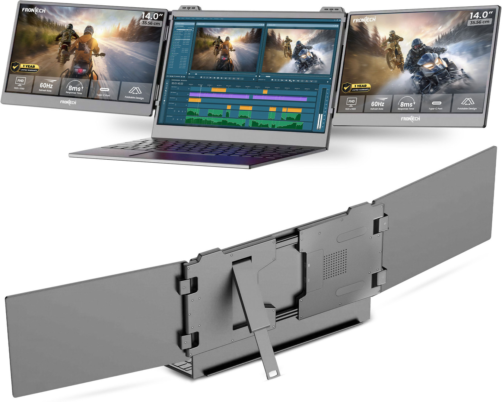 Frontech Dual Portable LED Monitor Laptop Screen Extender 35.56 cm (14 inch) Full HD IPS Panel Monitor (Plug & Play, Foldable Design, Fits 13"-16" Laptops, USB Type-C, Matte Anti-Glare)
