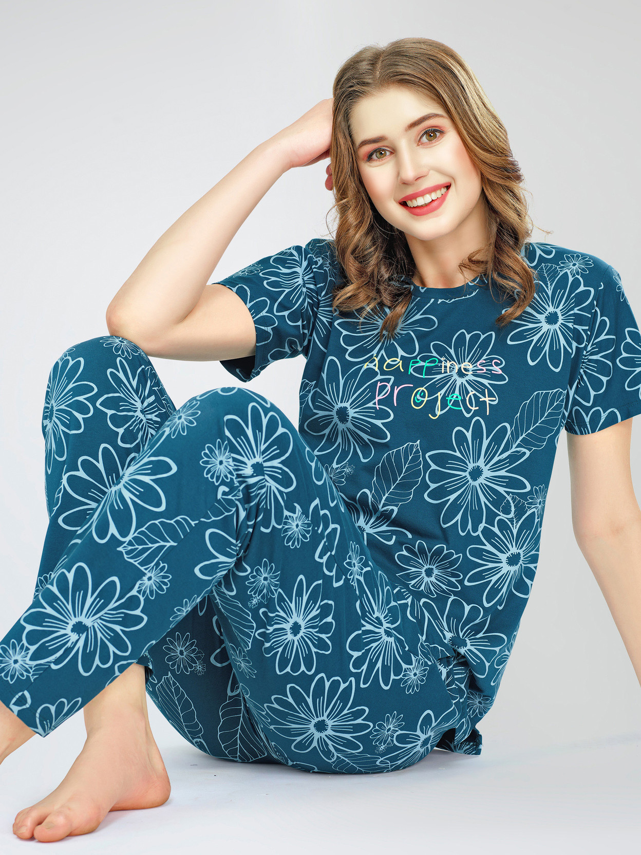 Women Top & Pyjama Set Blue Floral Print