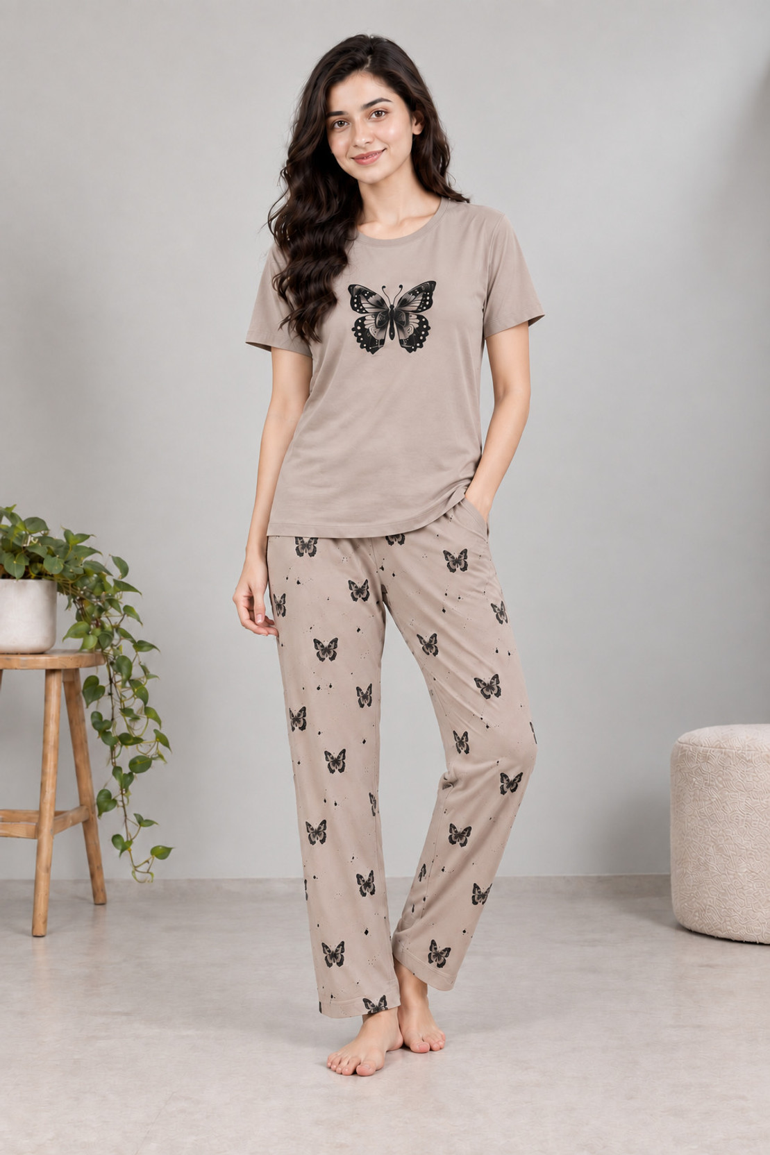 Women Top & Pyjama Set Brown Printed