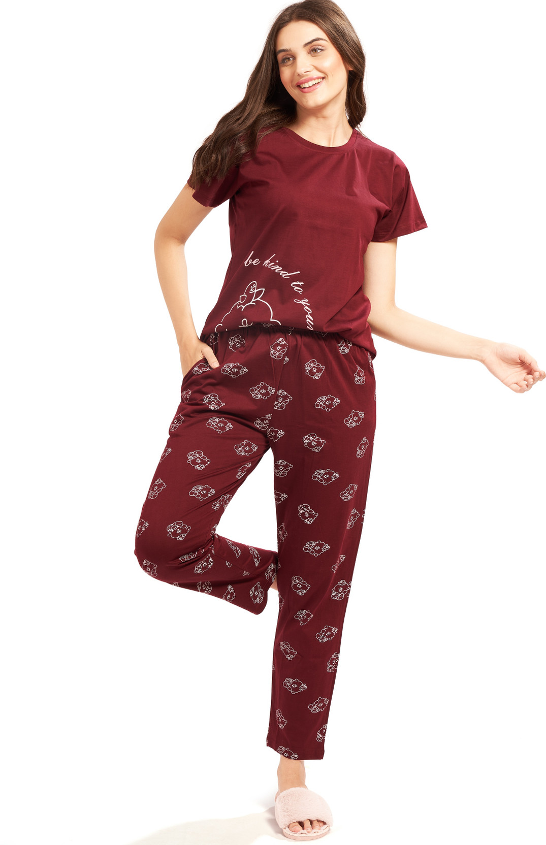 Women Top & Pyjama Set Maroon Animal Print