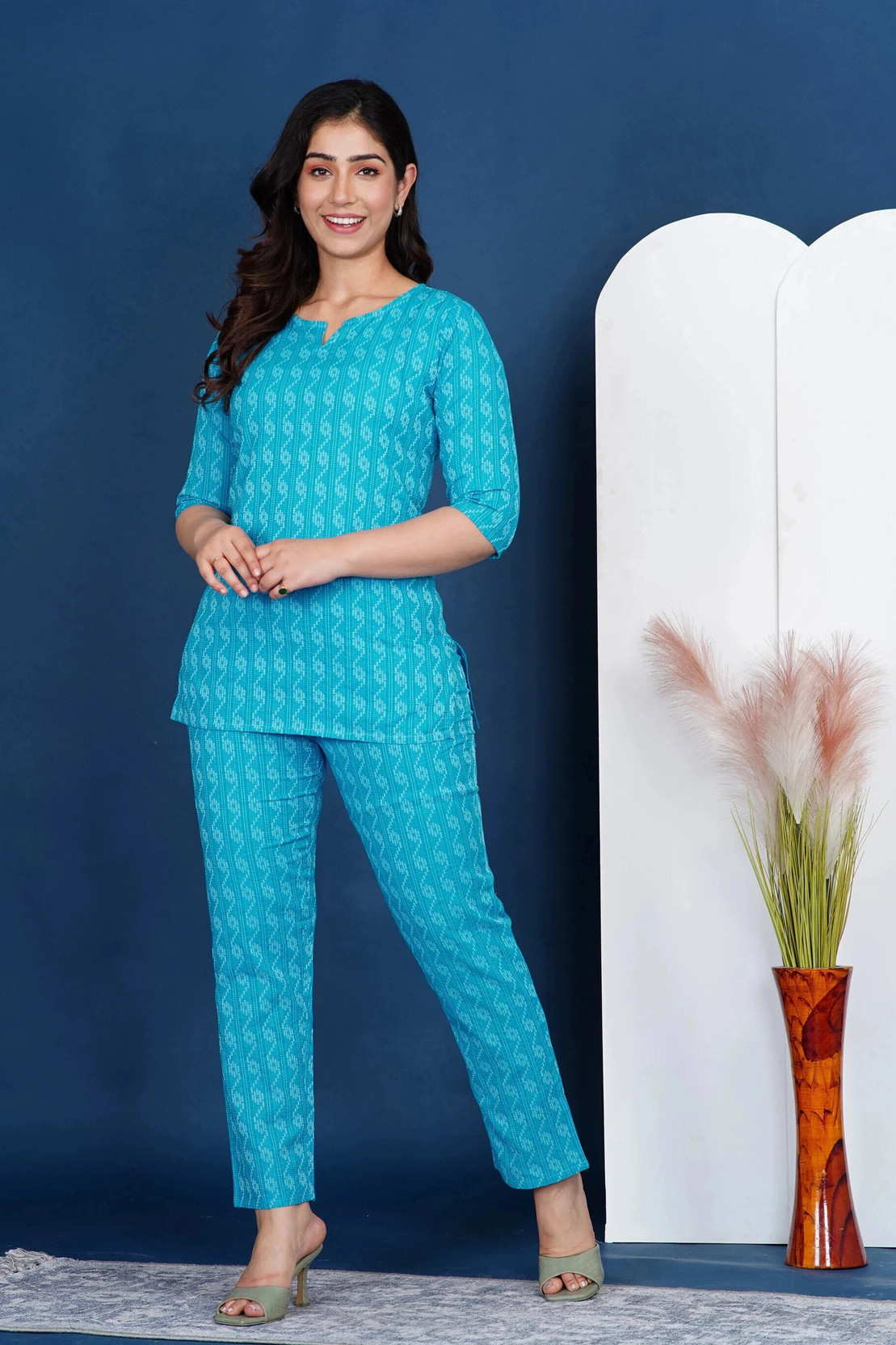 Women Night Suit Set Blue Printed