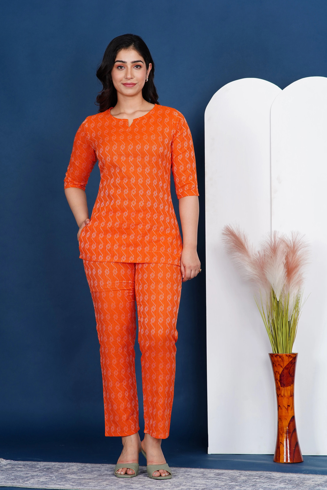 Women Top & Pyjama Set Orange Printed