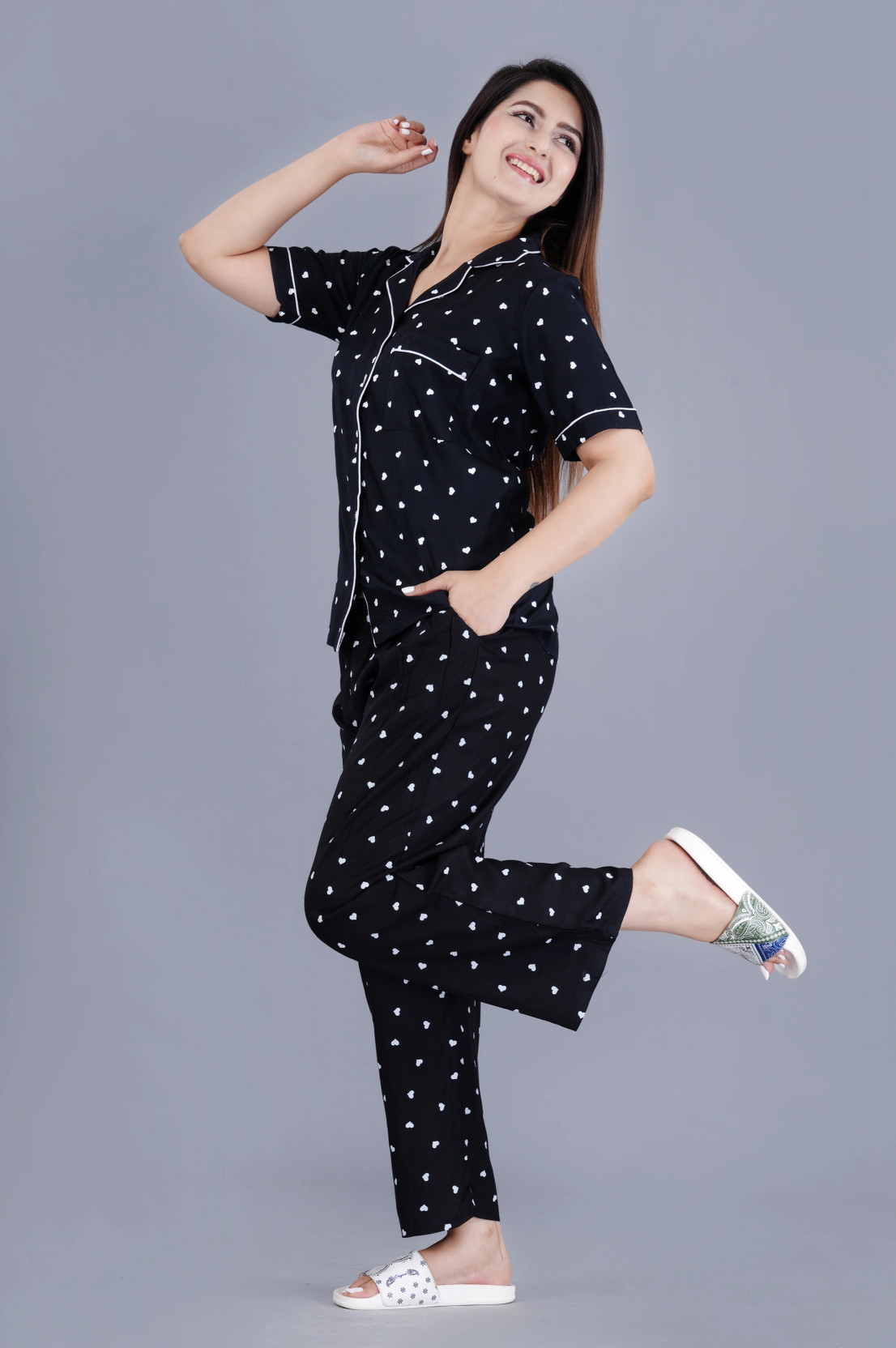 Women Shirt & Pyjama set Black Printed