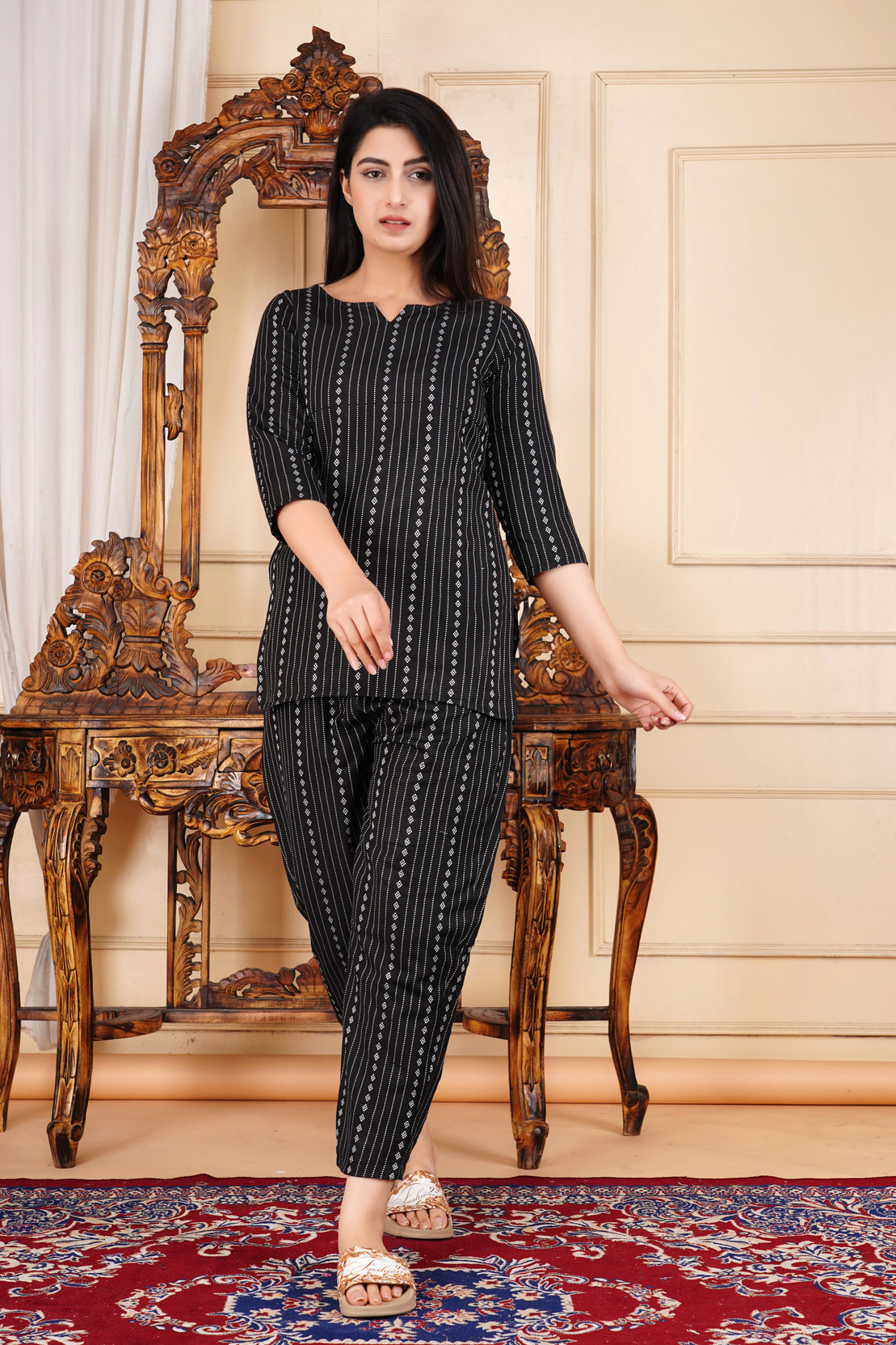 Women Top & Pyjama Set Black Printed