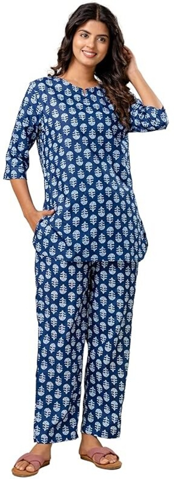 Women Top & Pyjama Set Blue Printed