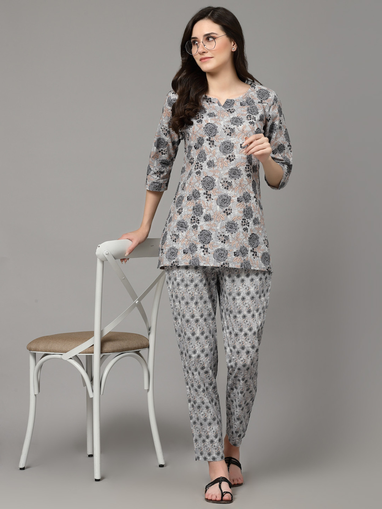 Women Top & Pyjama Set Black Printed