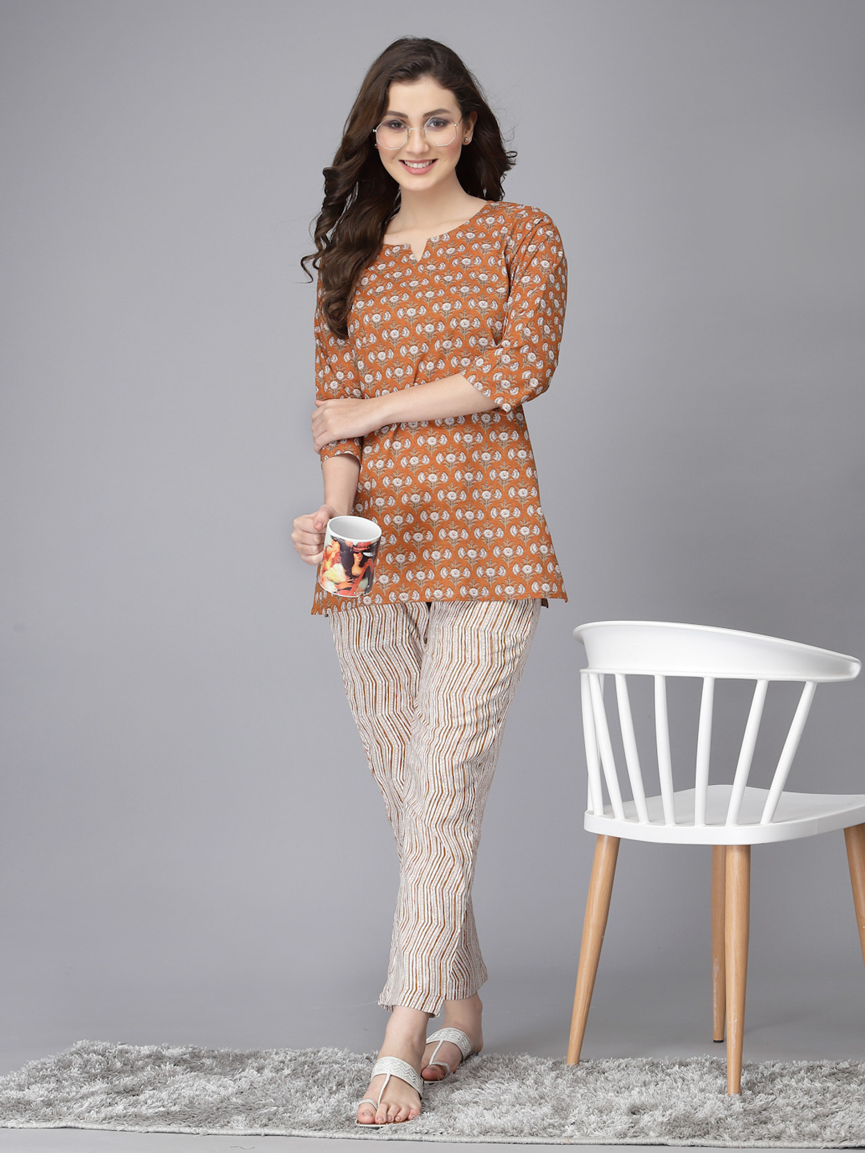 Women Night Suit Set Brown Floral Print