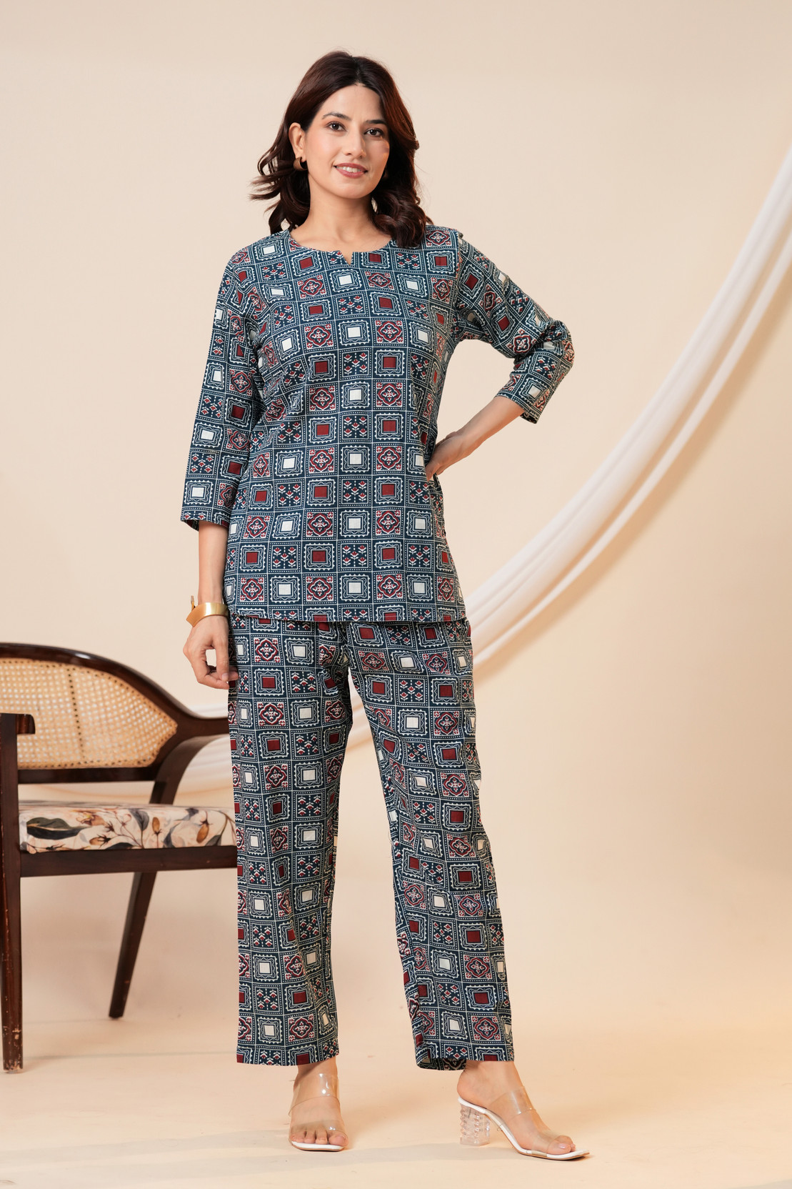 Women Top & Pyjama Set Dark Blue Printed