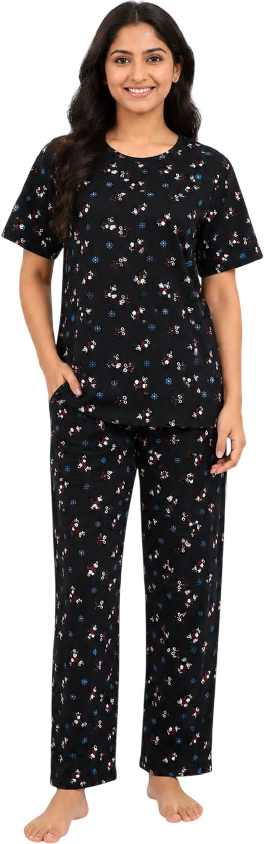 Women Top & Pyjama Set Black Printed