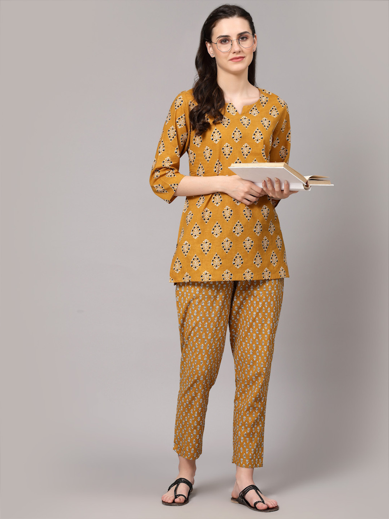 Women Top & Pyjama Set Yellow Printed