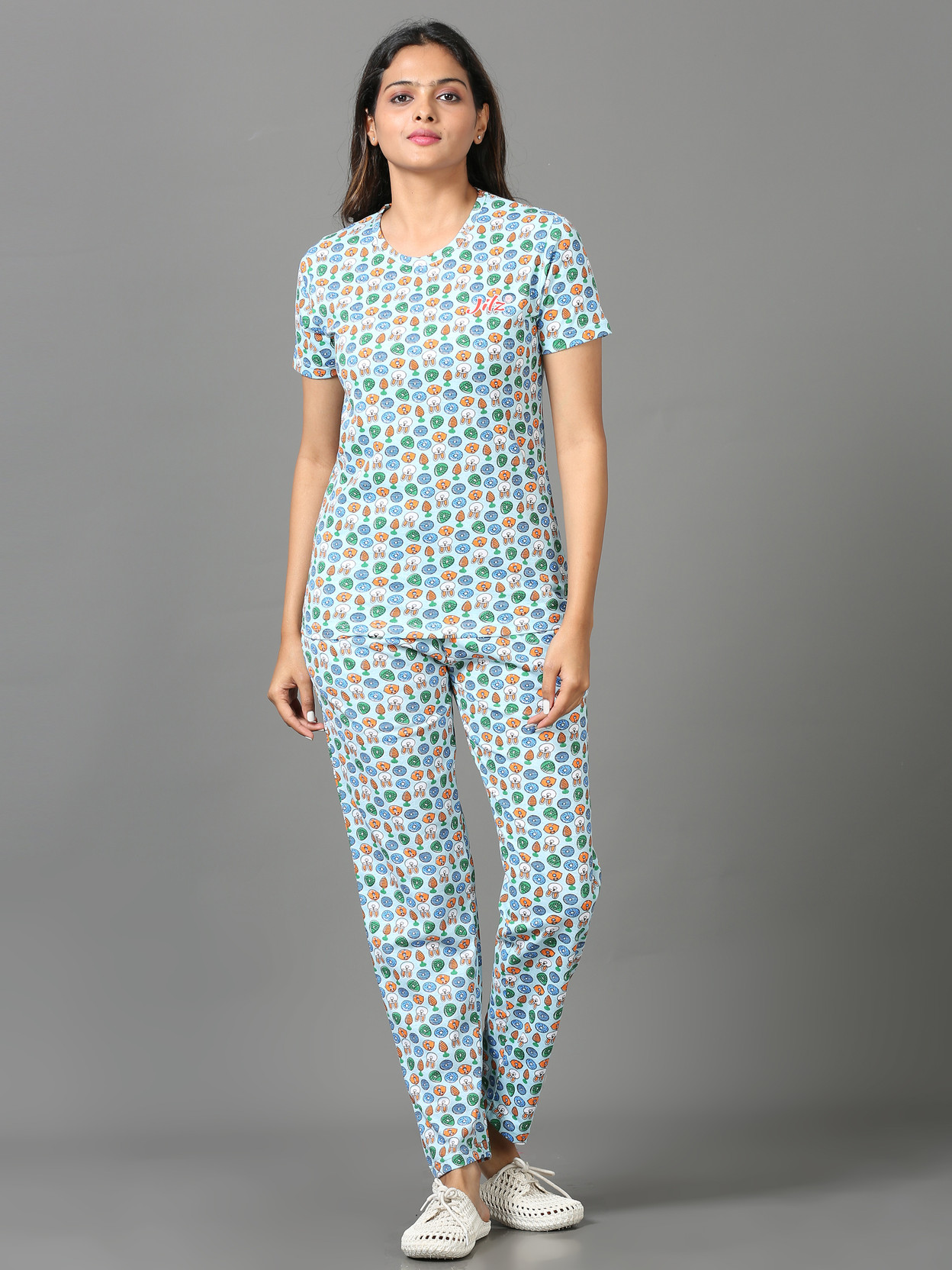 Women Top & Pyjama Set Light Blue Printed