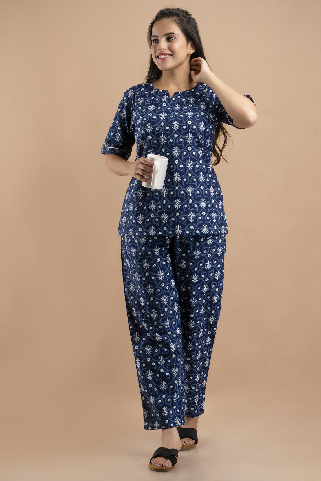 Women Top & Pyjama Set Blue Printed