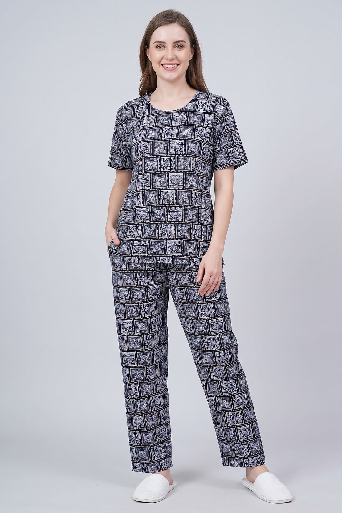 Women Top & Pyjama Set Dark Blue Printed
