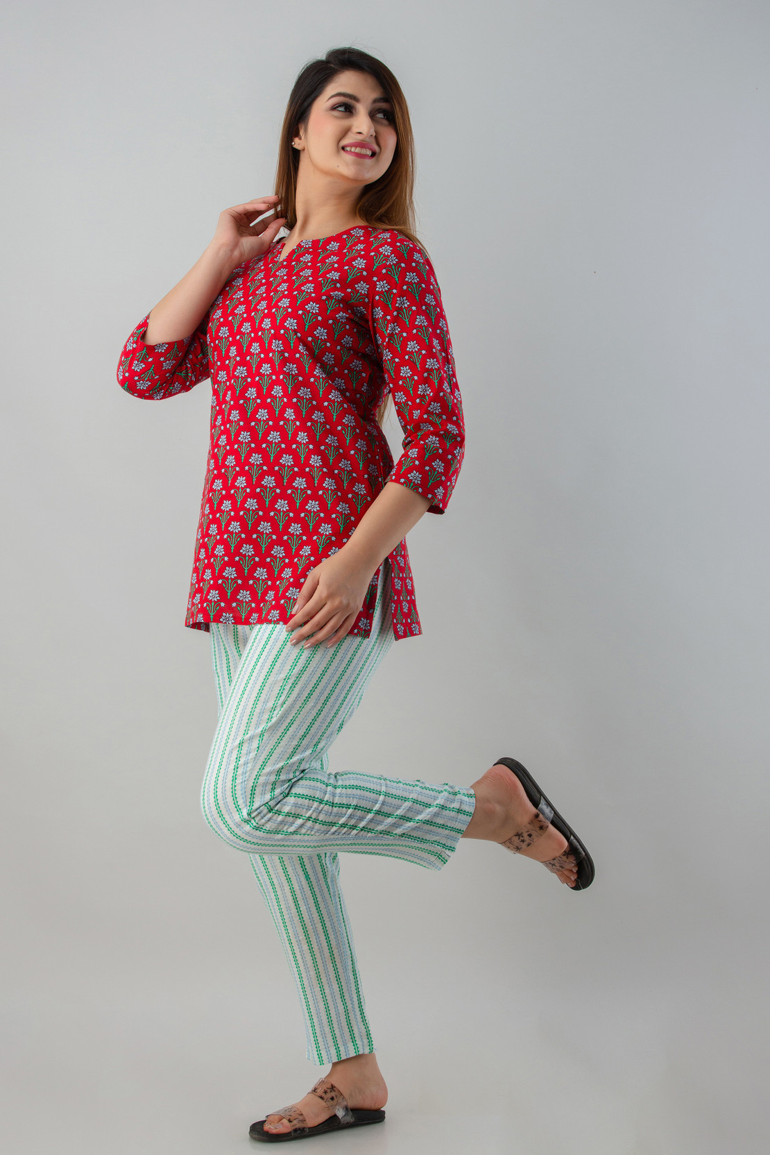 Women Night Suit Set Red Printed