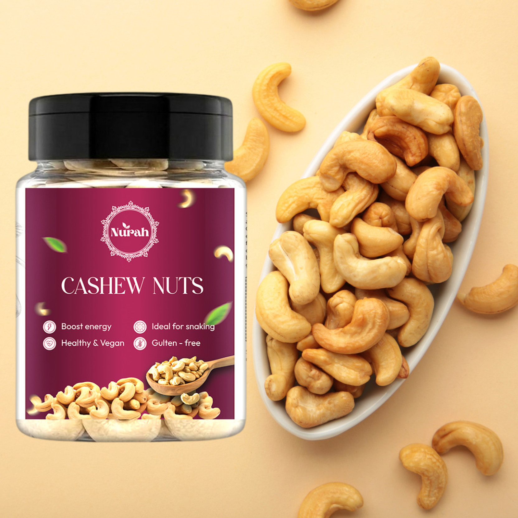 Nurah Premium Cashew Nuts (Kaju) Whole Crunchy Healthy Dry Fruits Energy Snack Vegan Cashews