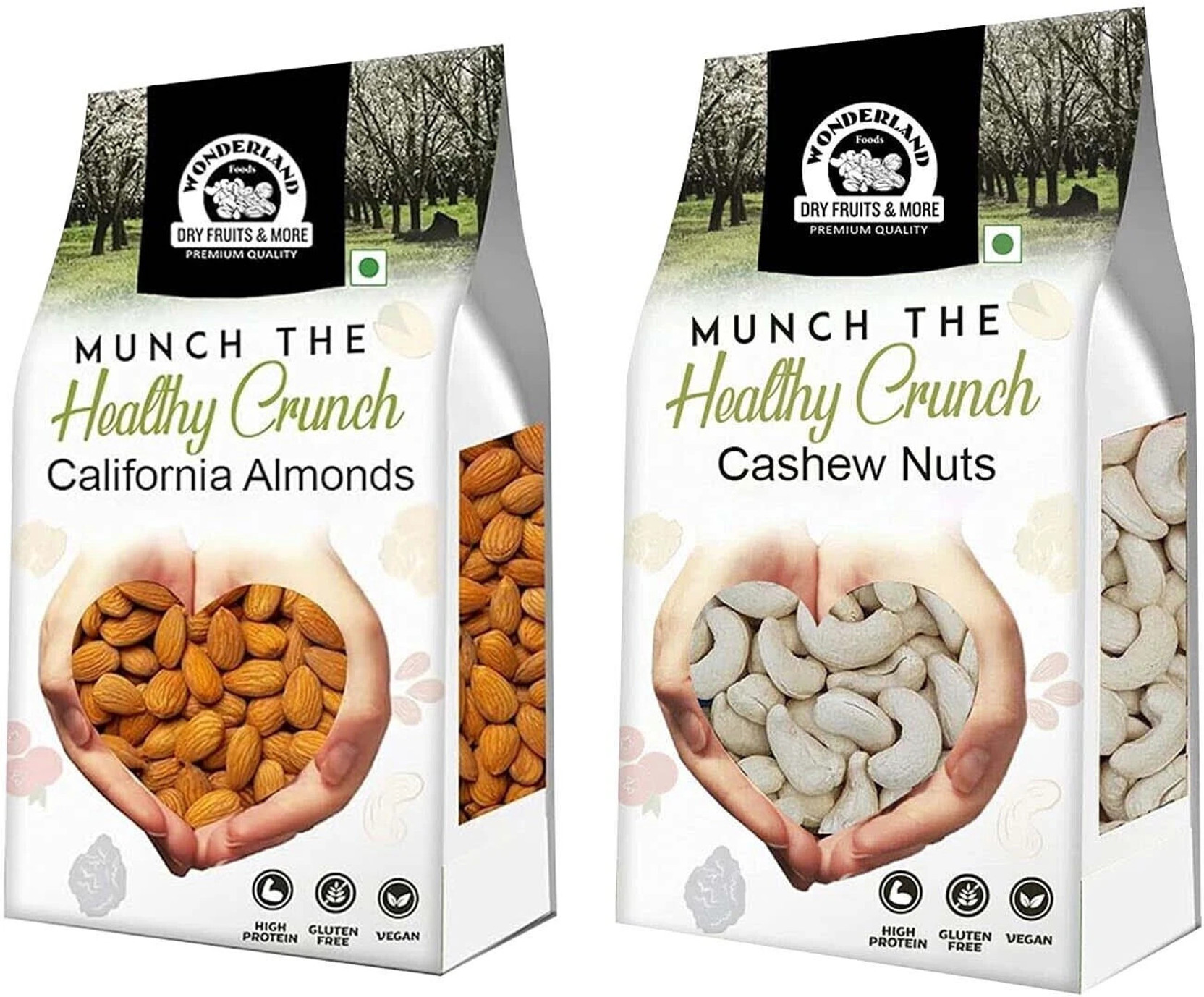 WONDERLAND Foods - California Almond & Whole Raw Cashew (Kaju) W320-Grade | 2Kg (1Kg X 2) Almonds, Cashews
