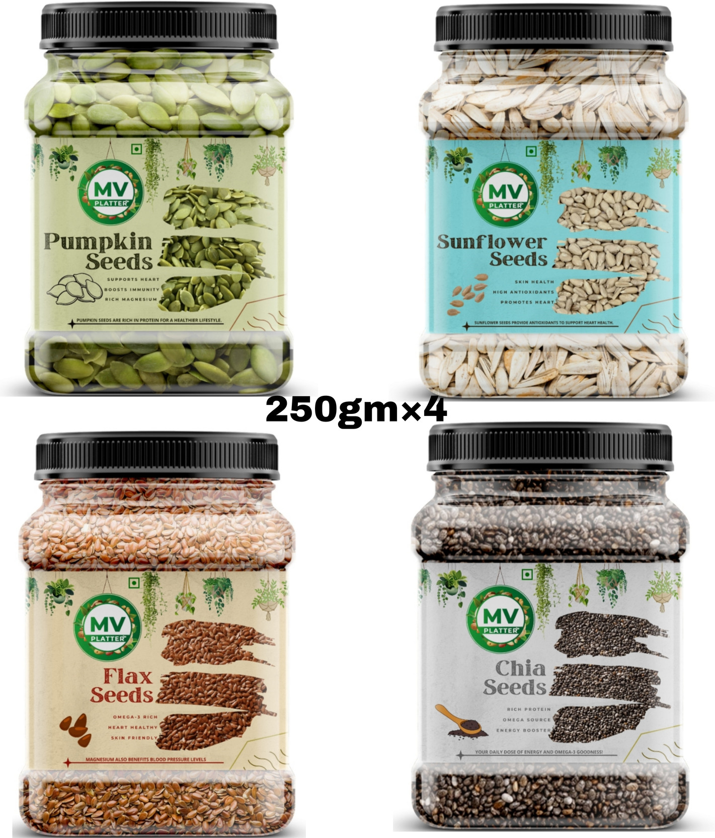 Mv platter Seeds Combo Of 4 Pumpkin Sunflower Chia Flax seeds 250gm Mix Assorted Seeds & Nuts, Assorted Fruits & Nuts