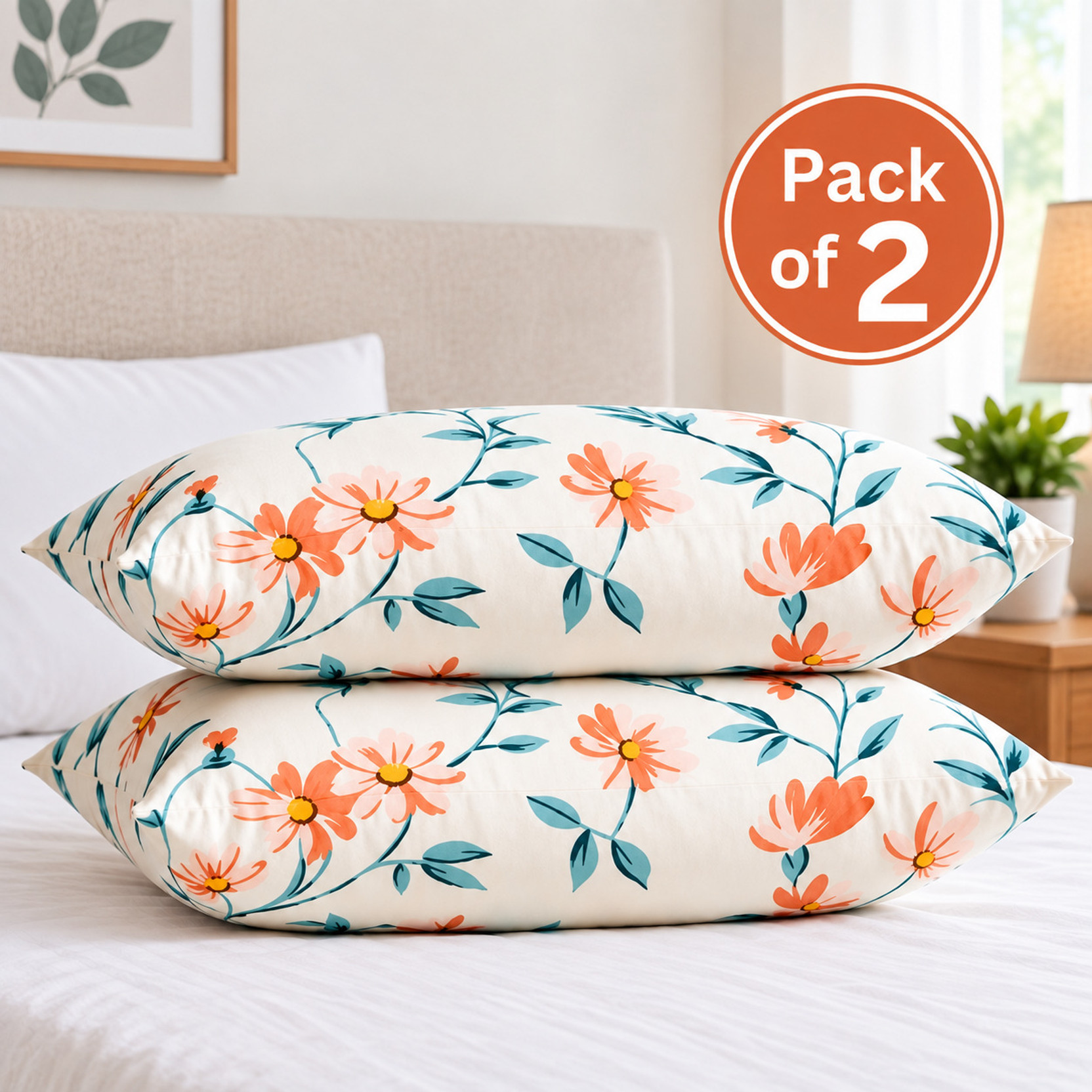 Suhalyo Cotton Sleeping Pillow Pack of 2 Floral Soft Comfort Series