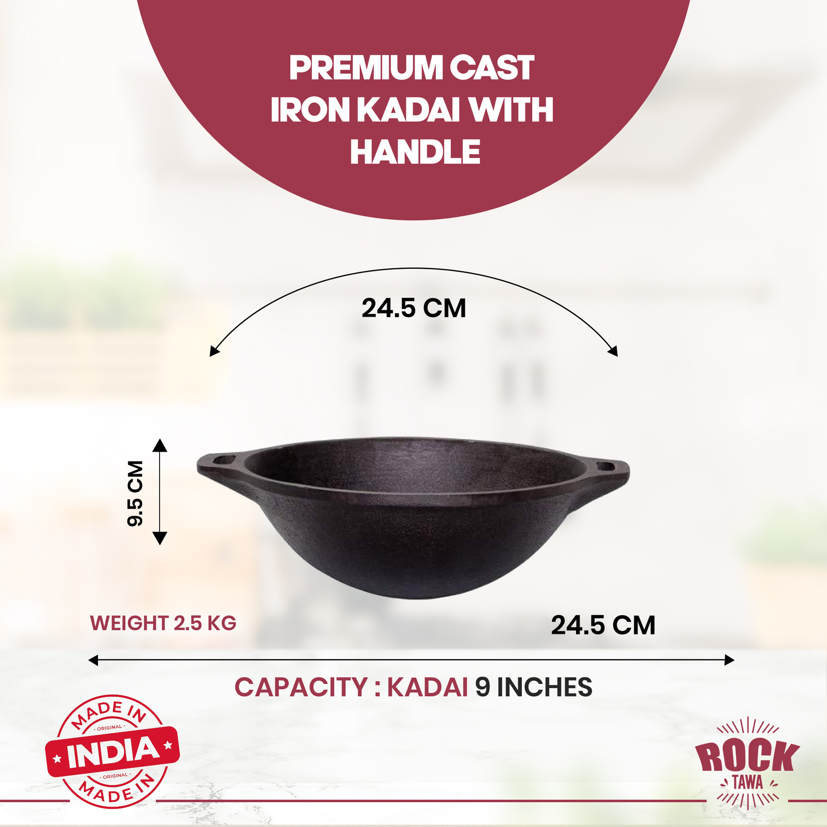 Rock Tawa Cast Iron Kadhai 9 Inch (Pre-Seasoned) Kadhai 24.5 cm diameter 2 L capacity