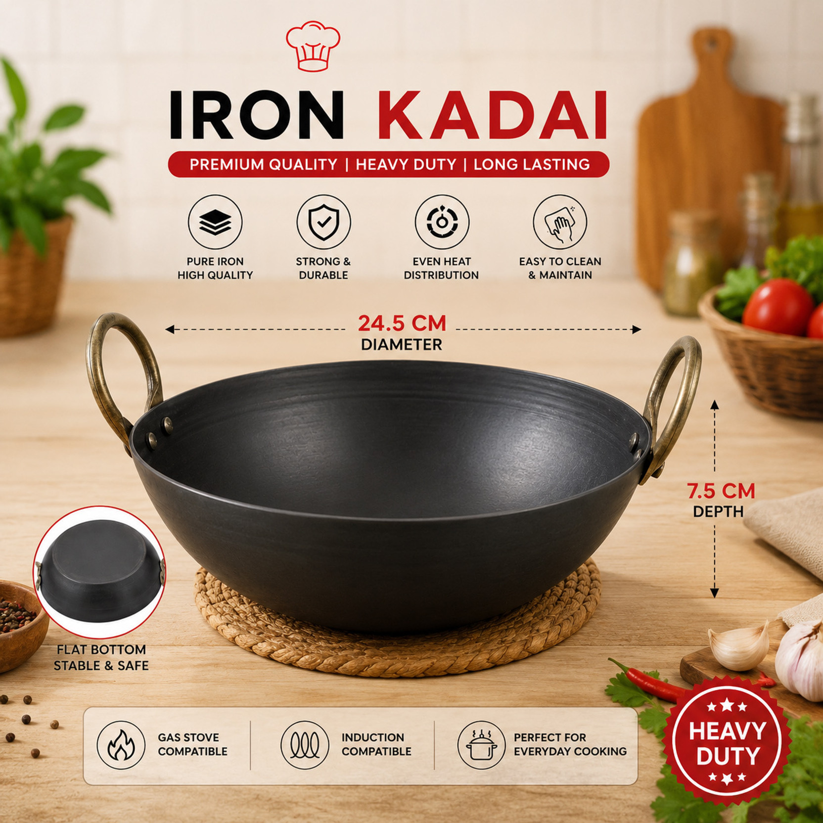 Fulka Heavy Duty Flat Bottom Kadhai, Use in Deep Fry & Sabji etc. Kadhai 24.5 cm diameter 1.5 L capacity