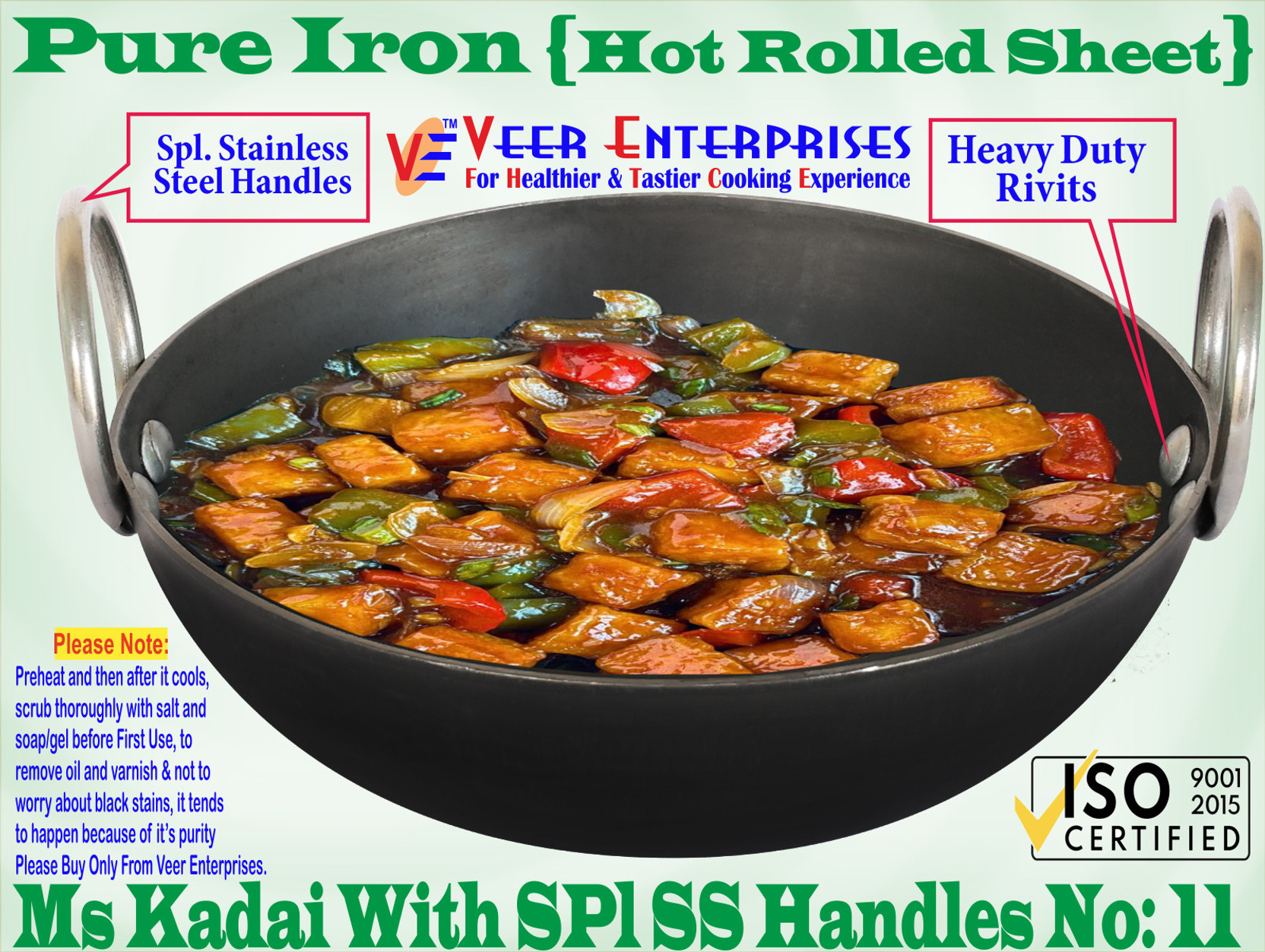 VeerEnterprises Ms Pure Iron/Loha Black Deep Kadhai/Wok With Double Sided SS Ring Handles Kadhai 27.5 cm diameter 2.5 L capacity