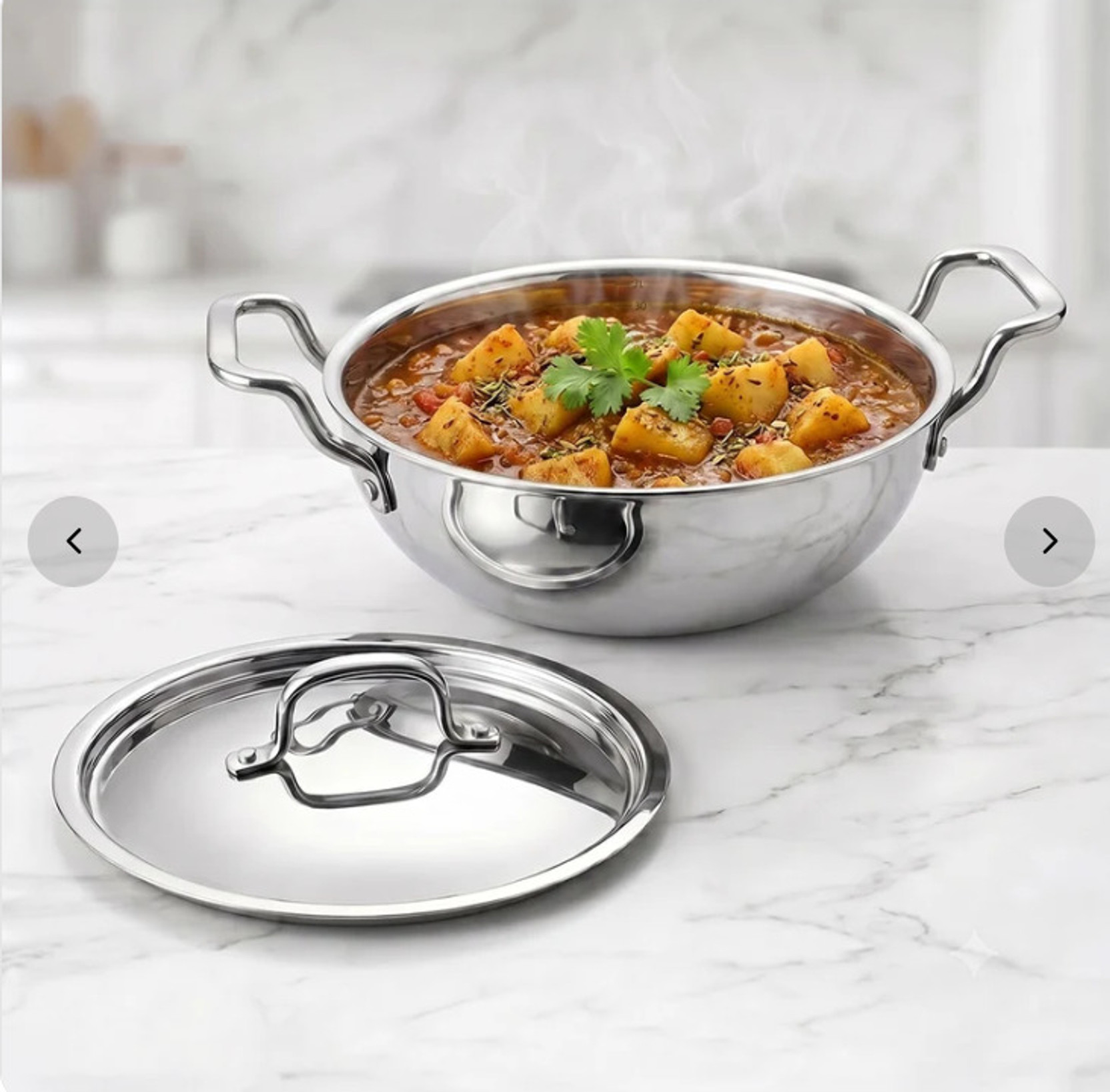 BELESSAA Triply Stainless Steel Deep Kadai with SS Lid - 10.23 inch Kadhai 26 cm diameter with Lid 4.5 L capacity