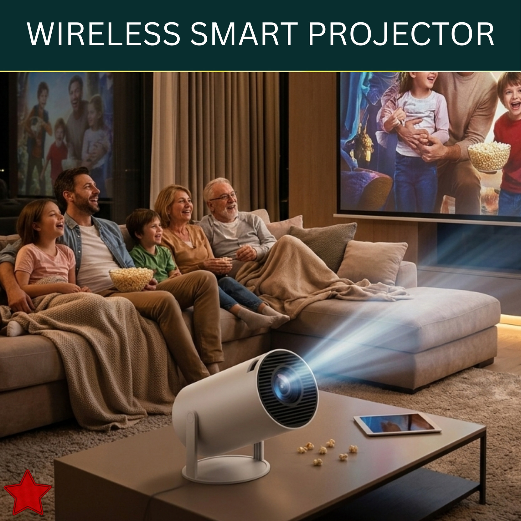 SACRO Smart Projector With Wireless Connectivity, Home Theater Cinema ProjectorAF203 (4500 lm / 1 Speaker / Wireless / Remote Controller) Portable Projector