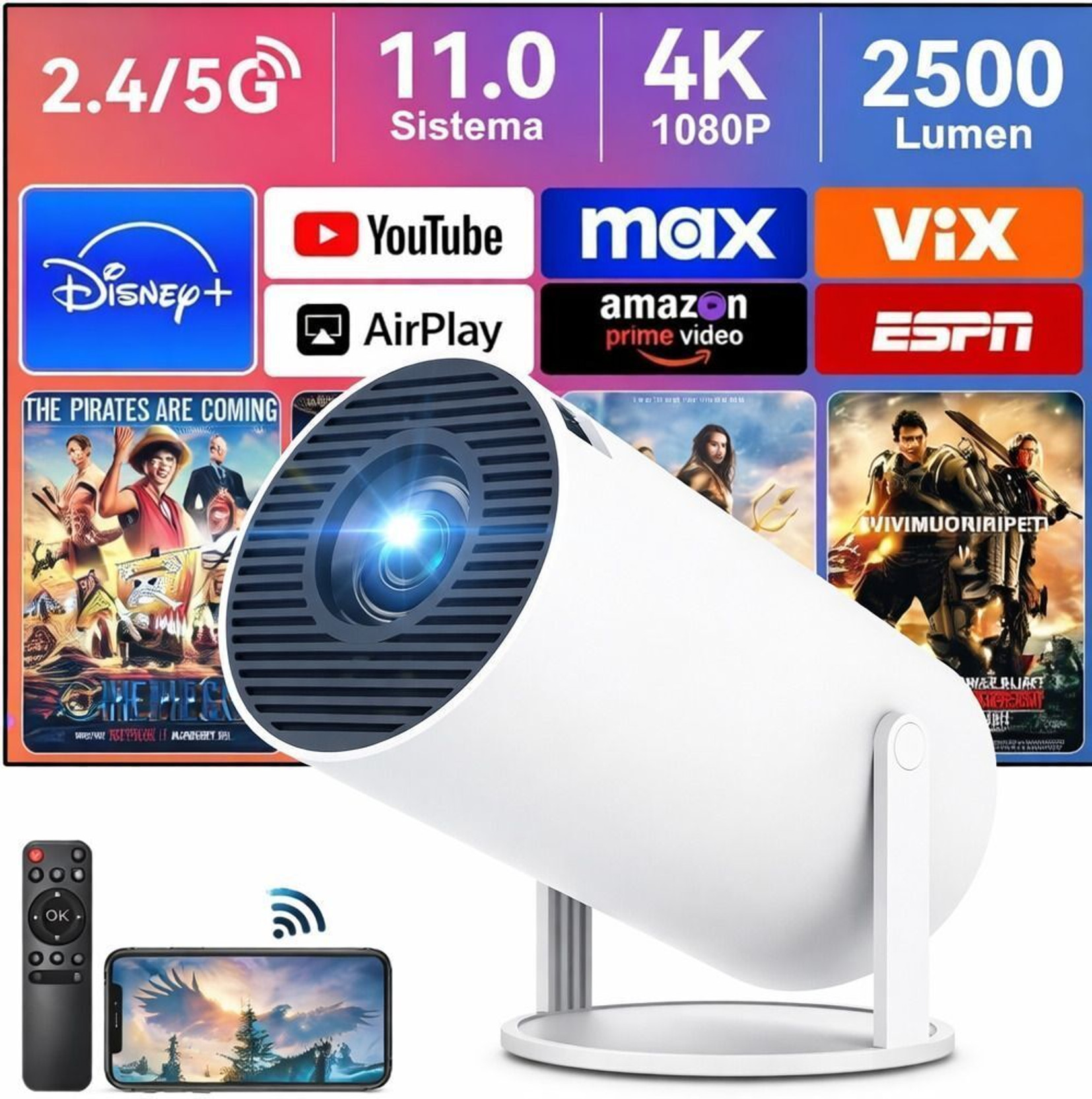 WELITRO HY300 Smart 4K Mini Projector 180° Rotatable 1080P FHD Support Cinema Projector (4500 lm / 1 Speaker / Wireless / Remote Controller) Portable Projector