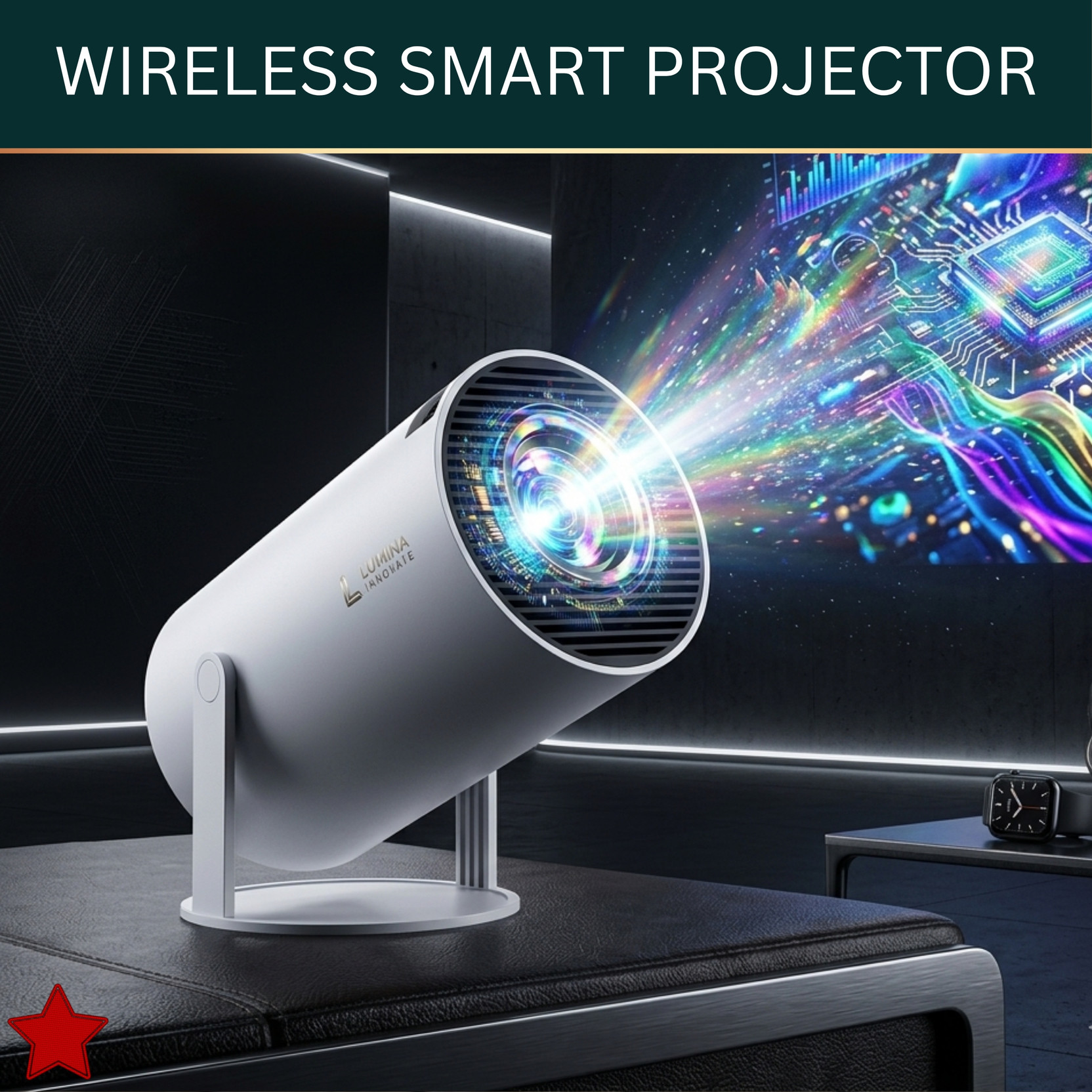 GUGGU Smart Projector With Wireless Connectivity, Home Theater Cinema ProjectorGF247 (4500 lm / 1 Speaker / Wireless / Remote Controller) Portable Projector