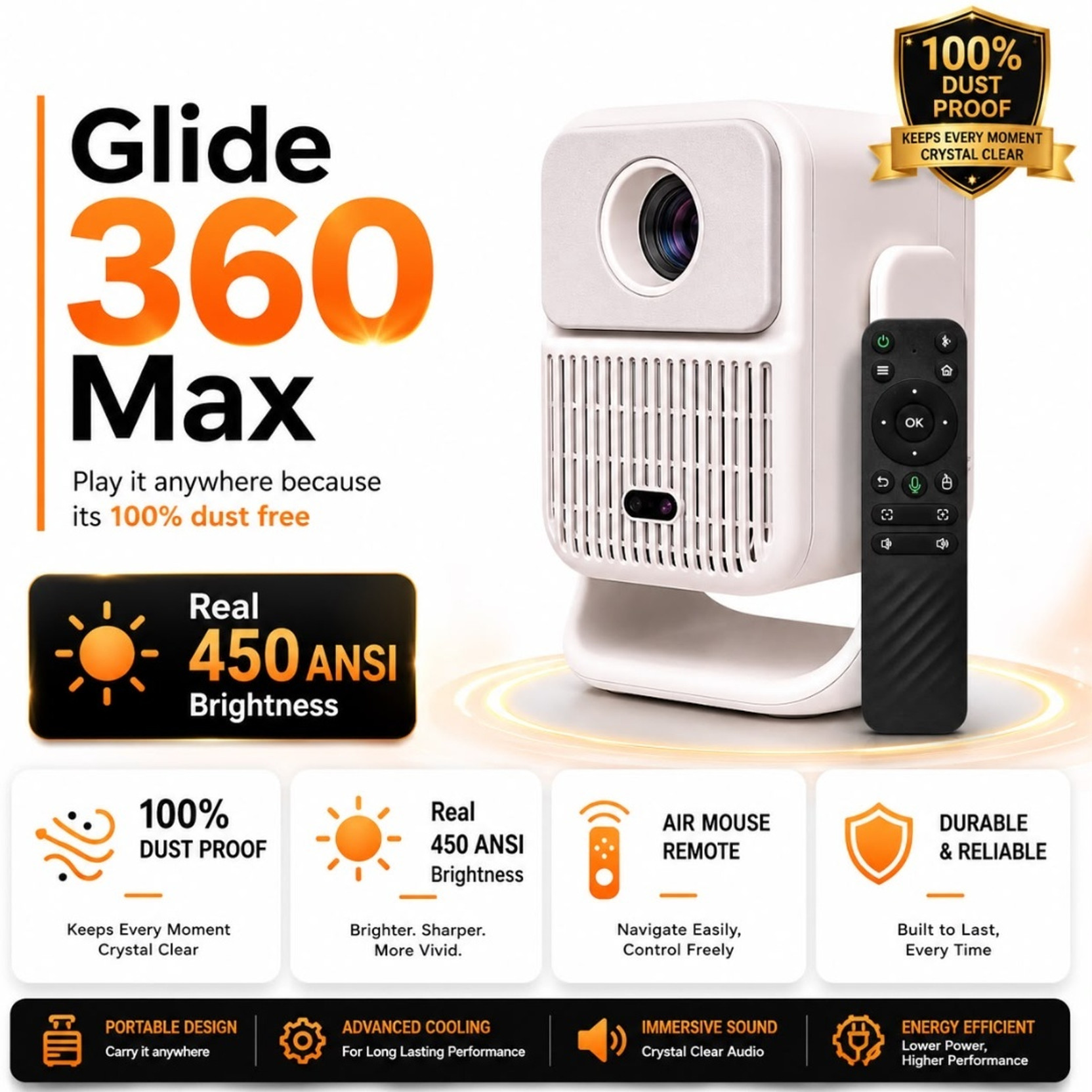BeamX Glide 360 Max Sealed Engine Real 450 ANSI Voice Assist Air Mouse Remote 1080p (450 lm / 1 Speaker / Wireless / Remote Controller) Portable Projector