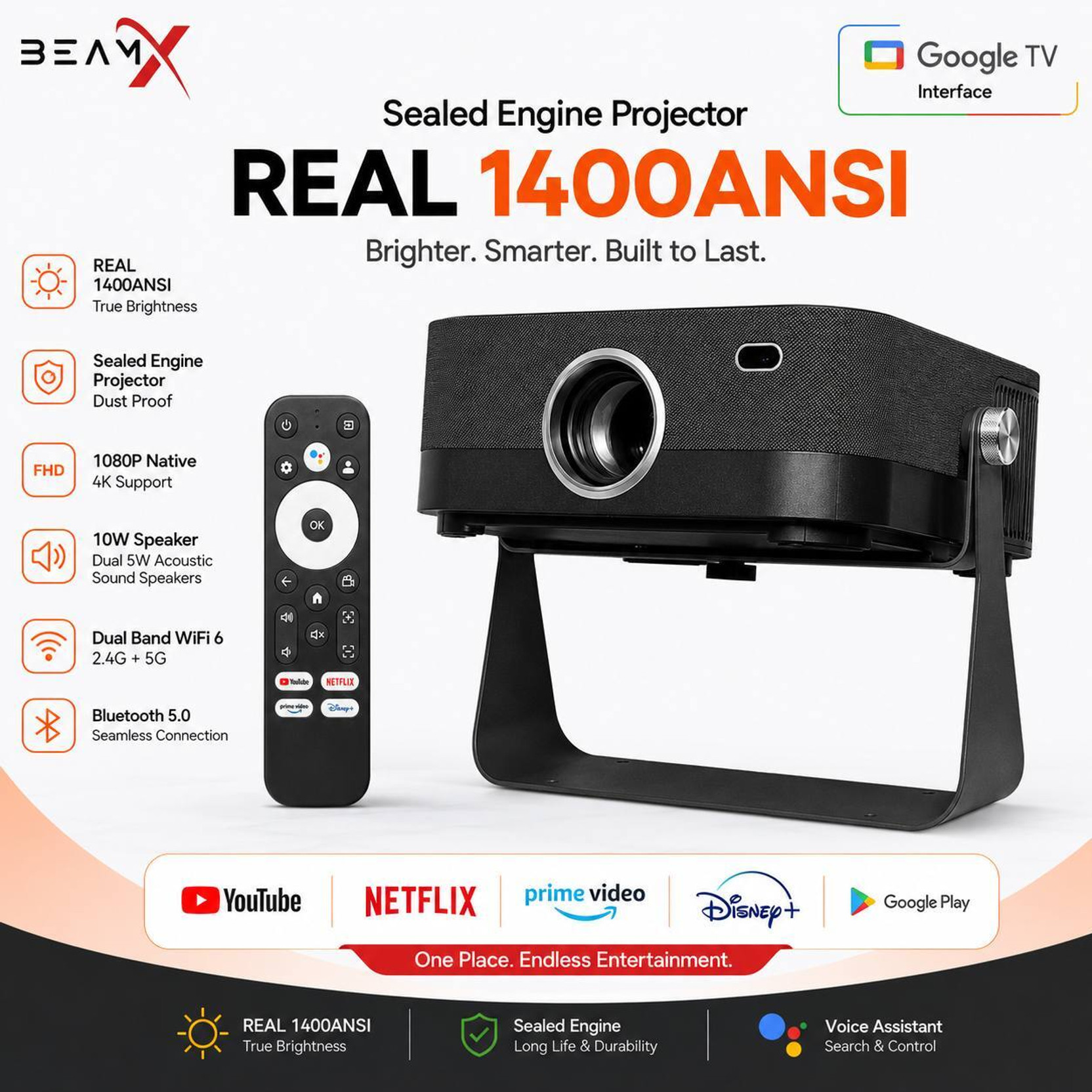 BeamX Flash 2X GTV Interface Real 1400ANSI Sealed Engine 1080P HDR, HDMI ARC Support (1400 lm / 2 Speaker / Wireless / Remote Controller) Portable Projector