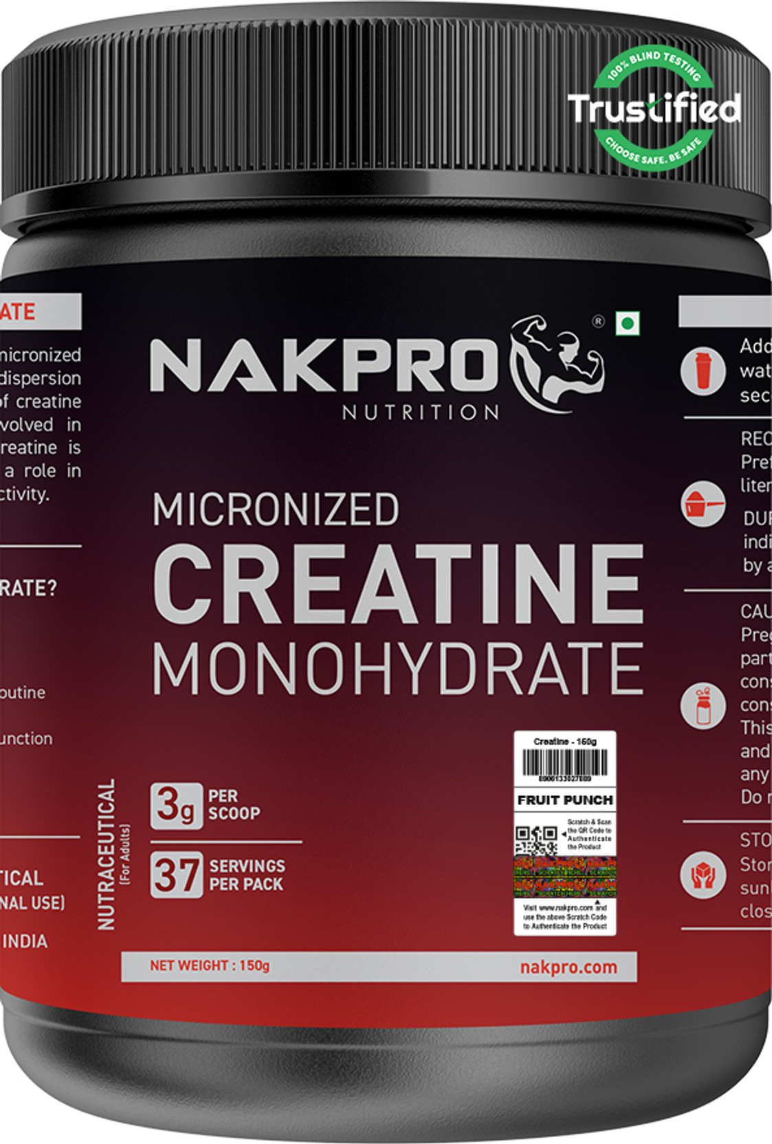 Nakpro Micronized Creatine Monohydrate Jar Trustified Certified, Supports Muscle Growth Creatine