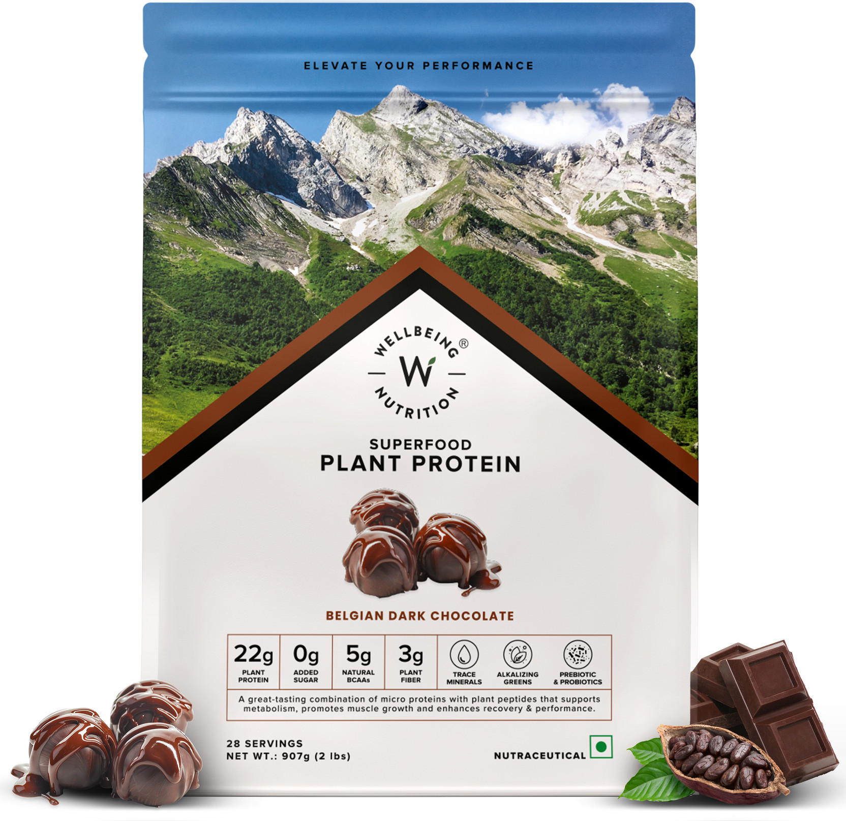 Wellbeing Nutrition Organic Vegan Plant Protein Isolate, 22g, 5g BCAA, 3B CFU Probiotics, Enzymes, Plant-Based Protein