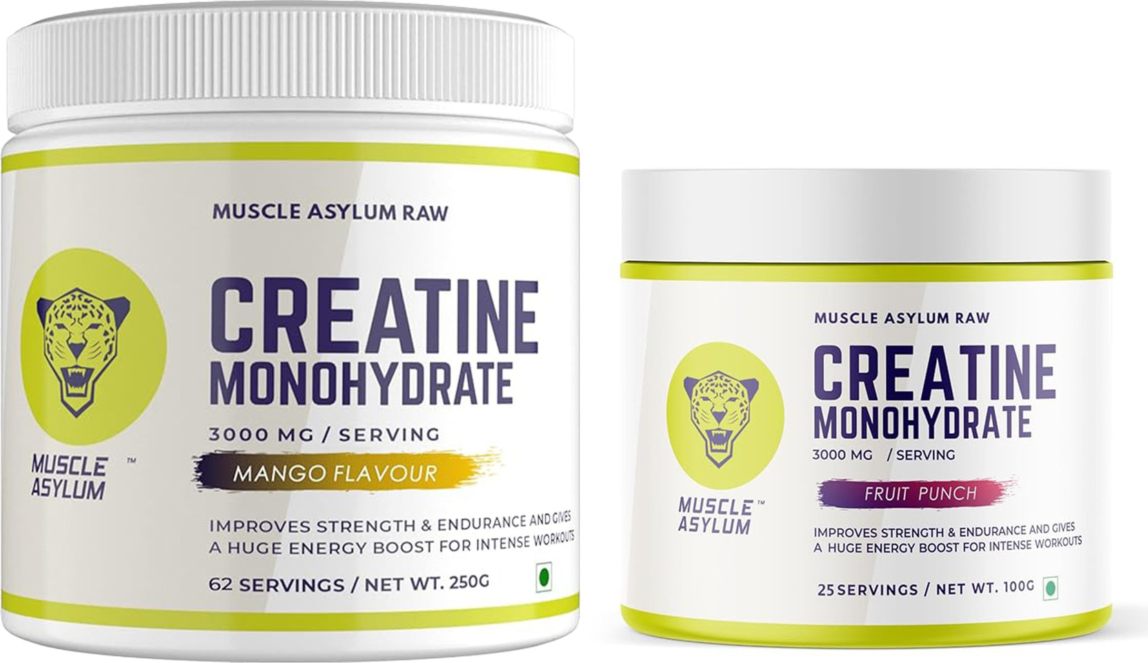Muscle Asylum Micronized Creatine Monohydrate Powder -250gm Mango & Fruit Punch 100g Pack Of 2 Creatine