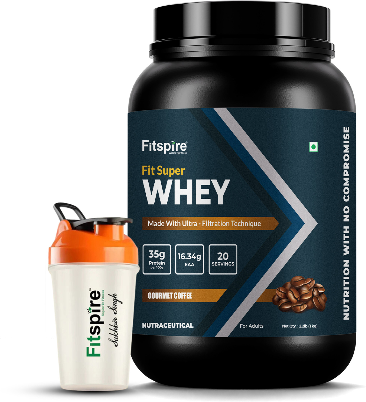 Fitspire Super Fit Whey Protein 1 kg 35 gm Protein Zero sugar Goumet coffee With Shaker Whey Protein
