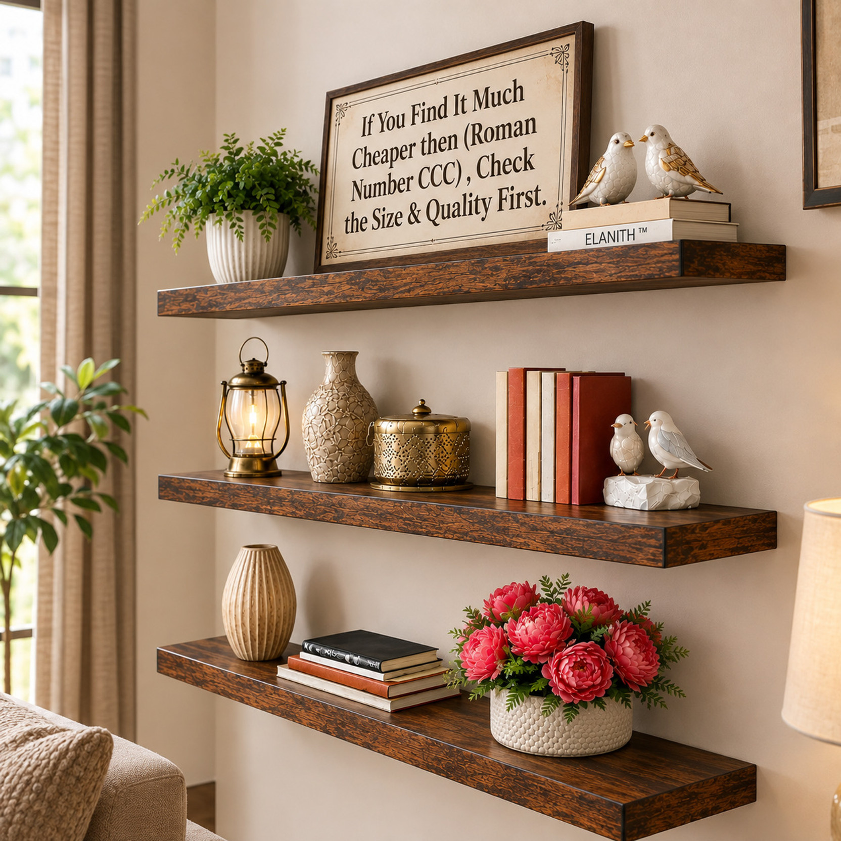 ELANITH Standard size , Super Natural Modern Floating Wall Shelves Set of 3 – Brown Wooden Wall Shelf