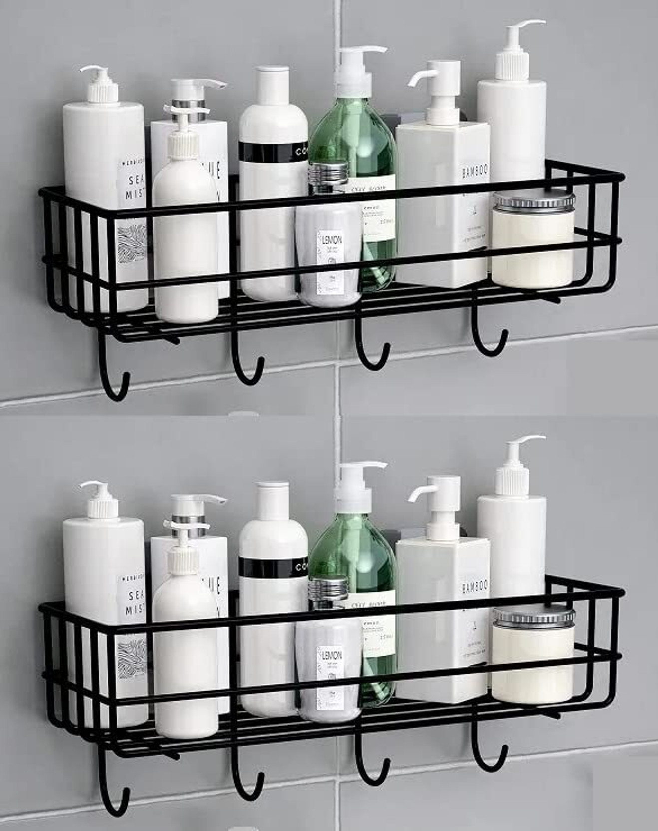 Landwood pack of 2 Self Adhesive Bathroom Shelf/ Rack&Towel Holder With 4 Hook Iron Wall Shelf