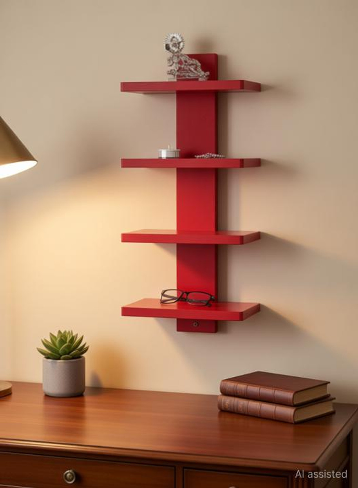 NationalArts wooden wall shelf wall decor hanging floating Mounted red Wooden Wall Shelf