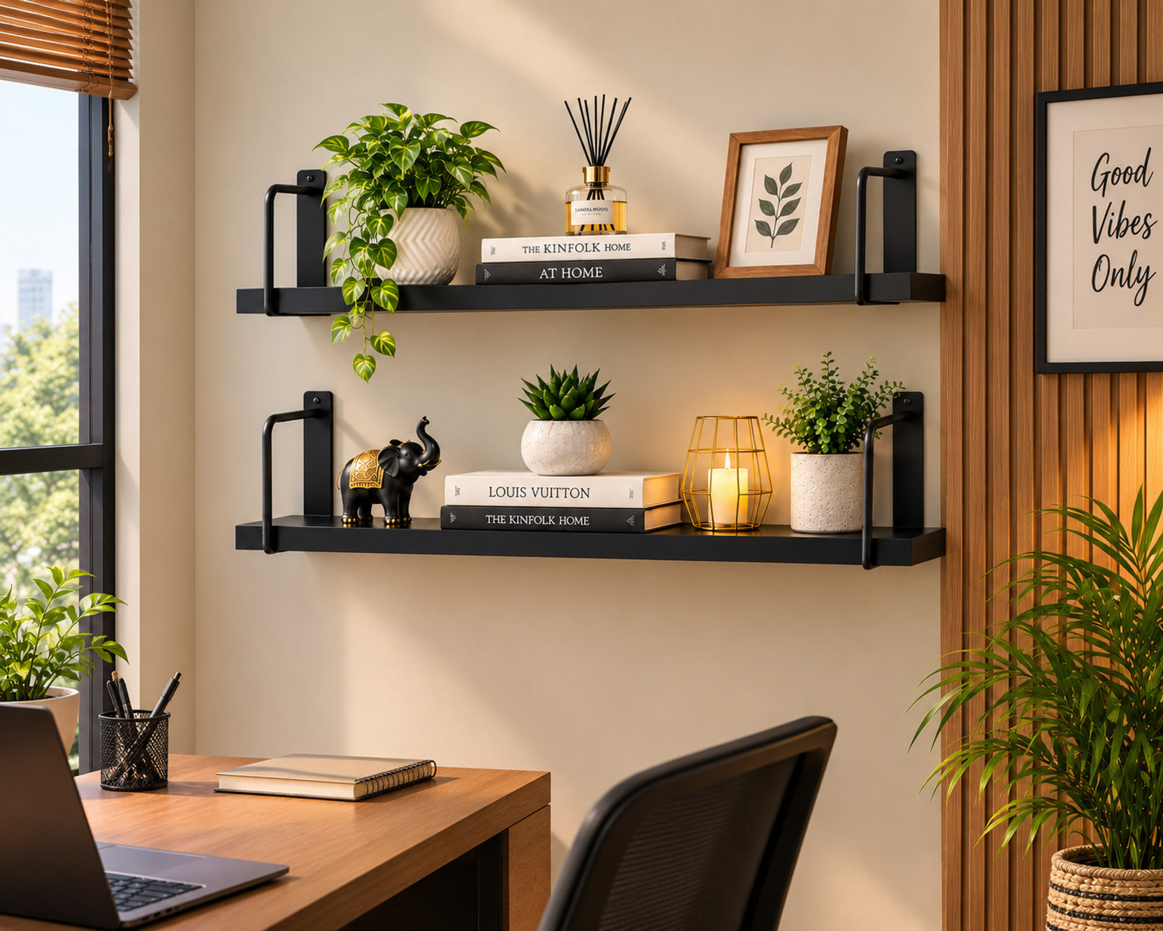 JANAKI SHOP 2 Tier Wall Mounted Shelf with Metal Frame for Living Room & Home Decor Wooden Wall Shelf