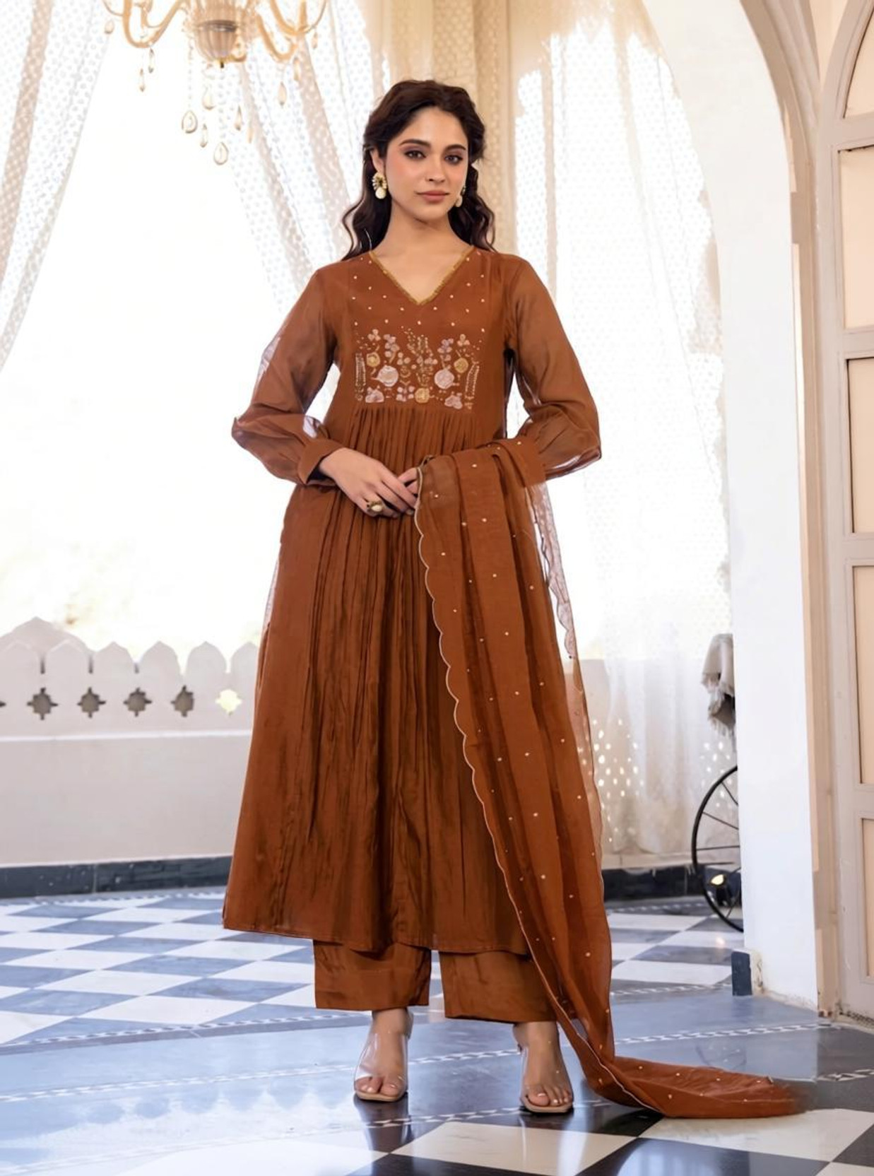 Embroidered Anarkali Kurta, Bottom & Dupatta Set