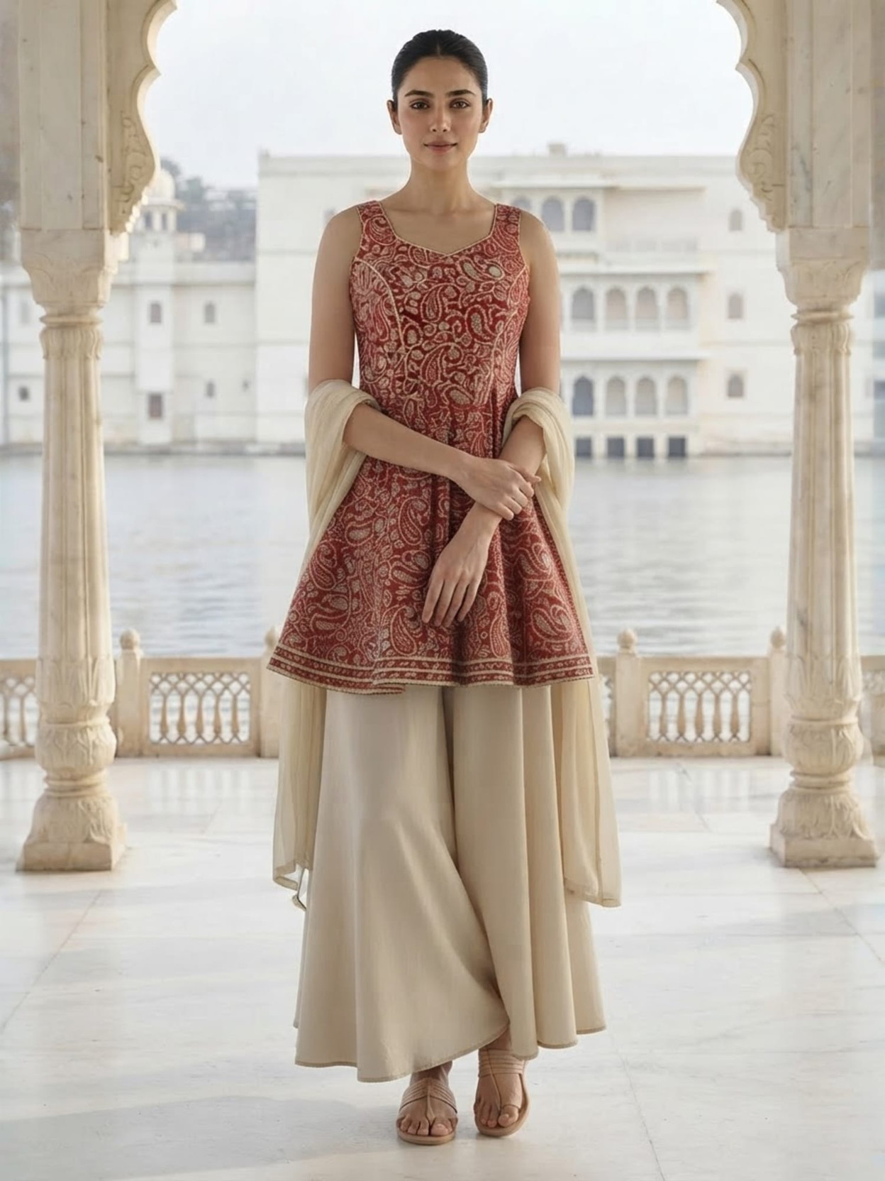 Captivating Roman Paisley Kurta, Sharara & Dupatta Set