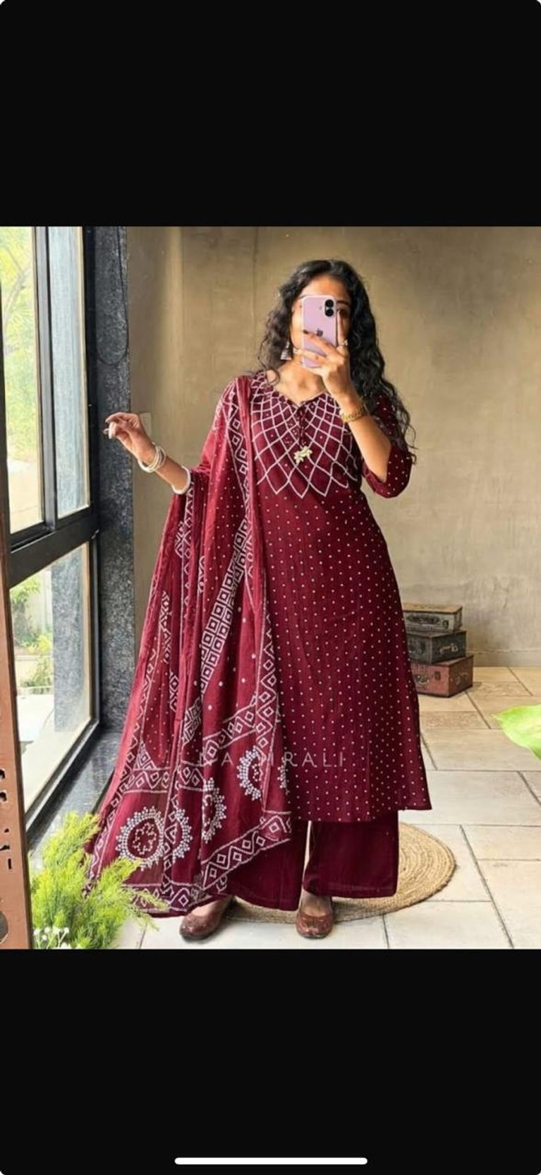 Women’s Maroon Printed Kurta Palazzo Dupatta Set with Geometric Design Printed Kurta, Palazzo & Dupatta Set